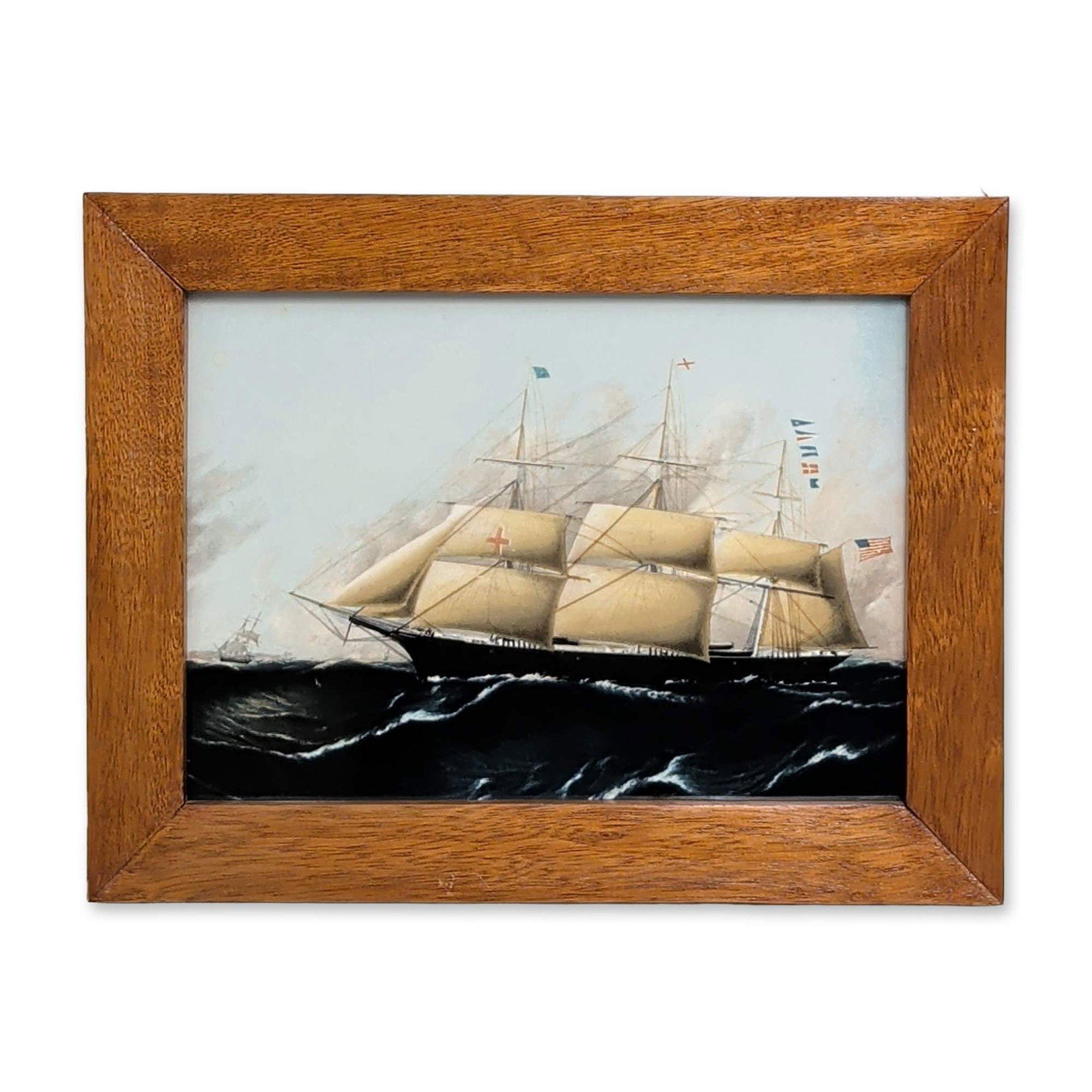 Wedgwood Dreadnought Clipper Ship Porcelain Plaque: Wedgwood porcelain plaque depicting the clipper ship Dreadnought, based on an original painting by James E. Butterworth. The transfer-printed scene shows the three-masted vessel under full sail in tur