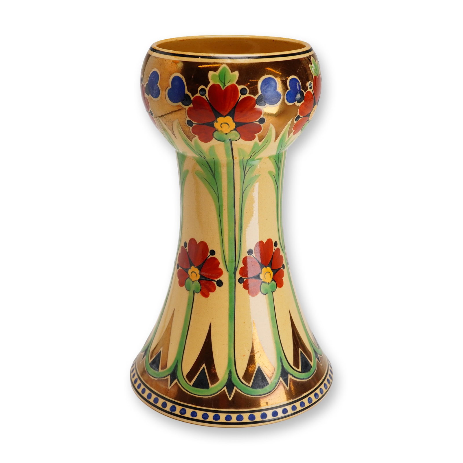 Wedgwood Millicent Taplin Caneware Sun-Lit Vase: A Wedgwood caneware vase designed by Millicent Taplin, dating to circa 1930. The vessel features the Sun-lit pattern, characterized by stylized floral motifs in an Art Deco aesthetic. The form consist