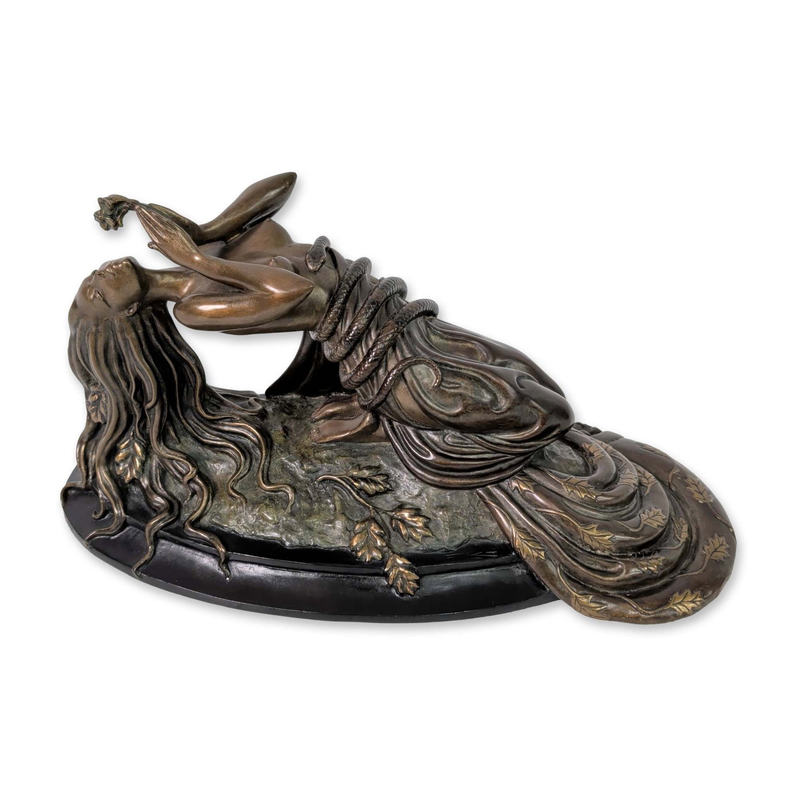Erte (Russian/French, 1892-1990), Art Deco Bronze Sculpture, Perfume, Signed & Numbered: Erte (Romain de Tirtoff) Art Deco sculpture in cast bronze, titled Perfume. The piece features a stylized figure intertwined with vine forms, accented with selective gilding on the foliage, as a snake