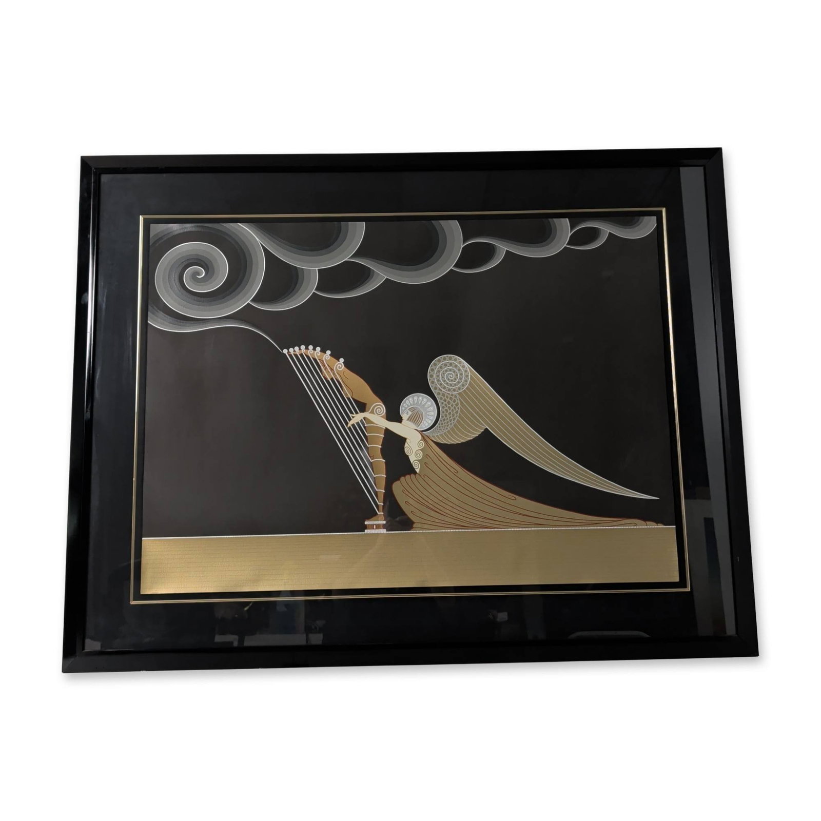 Erte (Romain de Tirtoff, 1892-1990), Serigraph on Paper, The Angel, Signed & Numbered: Erte (Romain de Tirtoff, Russian/French, 1892-1990) Art Deco serigraph on paper titled The Angel with The Harp, depicting a stylized winged female figure playing a harp, featuring metallic gold-toned 