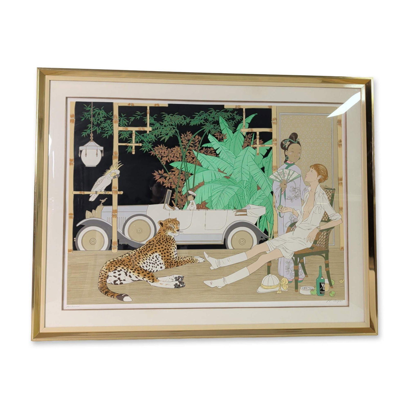 Philippe Henri Noyer (French, 1917-1985), Hors Commerce Art Deco Lithograph on Paper, Signed: Philippe Henri Noyer (French, 1917-1985) color lithograph titled La Rolls Blanche, featuring a stylized Art Deco tropical scene. The composition depicts two female figures in a lush outdoor setting, o