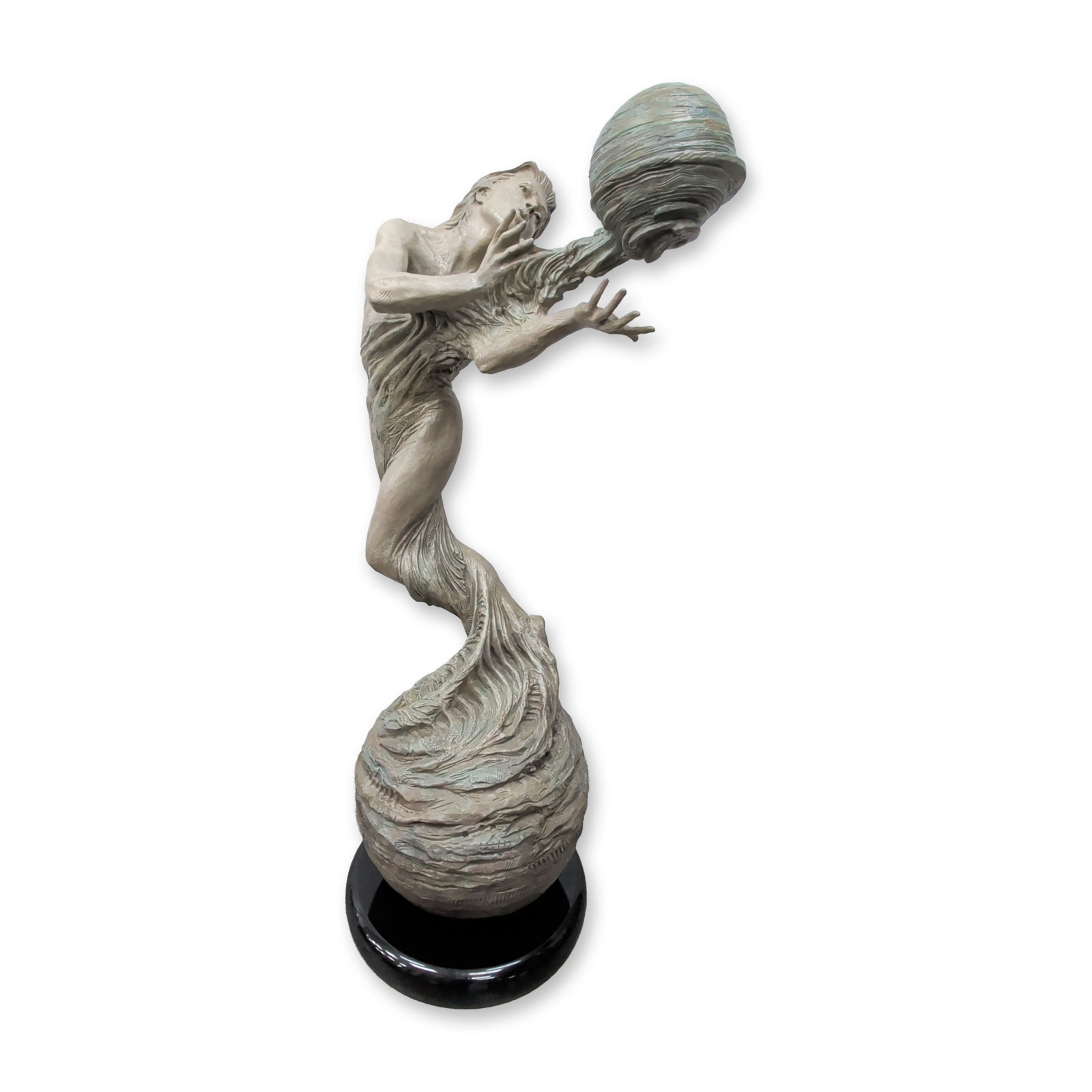 Martin Eichinger "Gaia's Breath" Monumental Bronze Sculpture: Martin Eichinger (American, b. 1949). Gaia's Breath sculpture in cast bronze, featuring an allegorical female figure emerging from a swirling, vortex-form base and blowing toward a smaller, banded orb