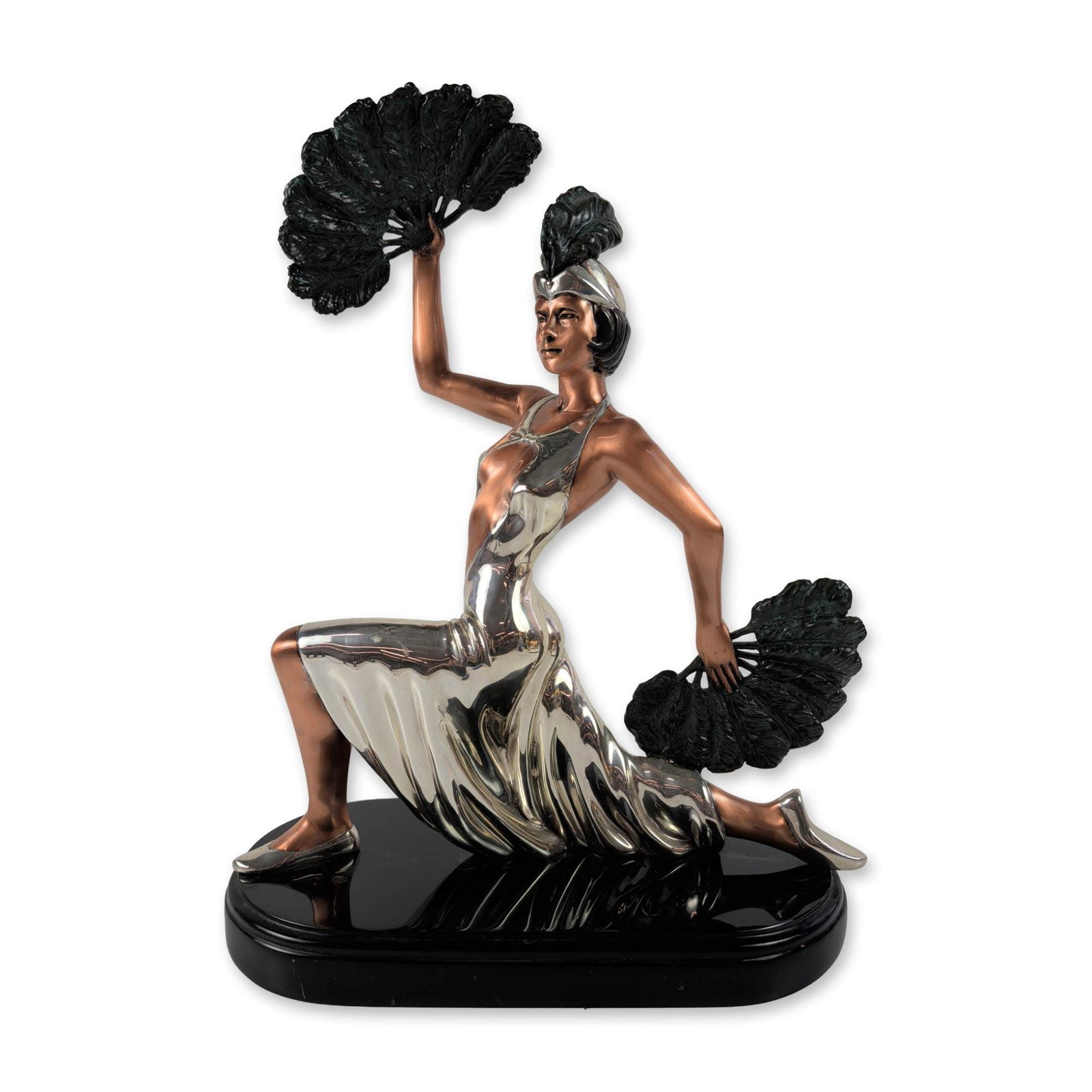 Enrique Jolly D'Argenta Art Deco Fan Dancer: Enrique Jolly for D'Argenta Art Deco style mixed-metal sculpture titled Carnival. The piece depicts a female dancer in a dynamic pose holding two large feather fans, finished in silver and copper plat
