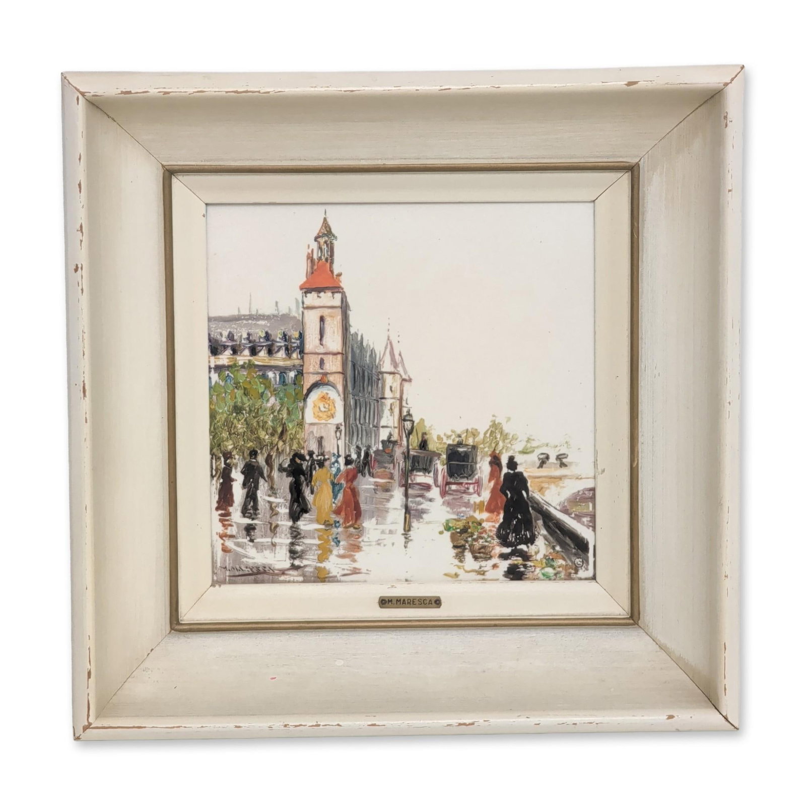 M. Maresca (Italian, 1877 - 1959), oil painting on tile, A Street in Paris: M. Maresca (Italian, 1877 - 1959). Oil on tile titled A Street in Paris, depicting an impressionistic Parisian scene with a central clock tower, figures, and horse-drawn carriages. The work is execute