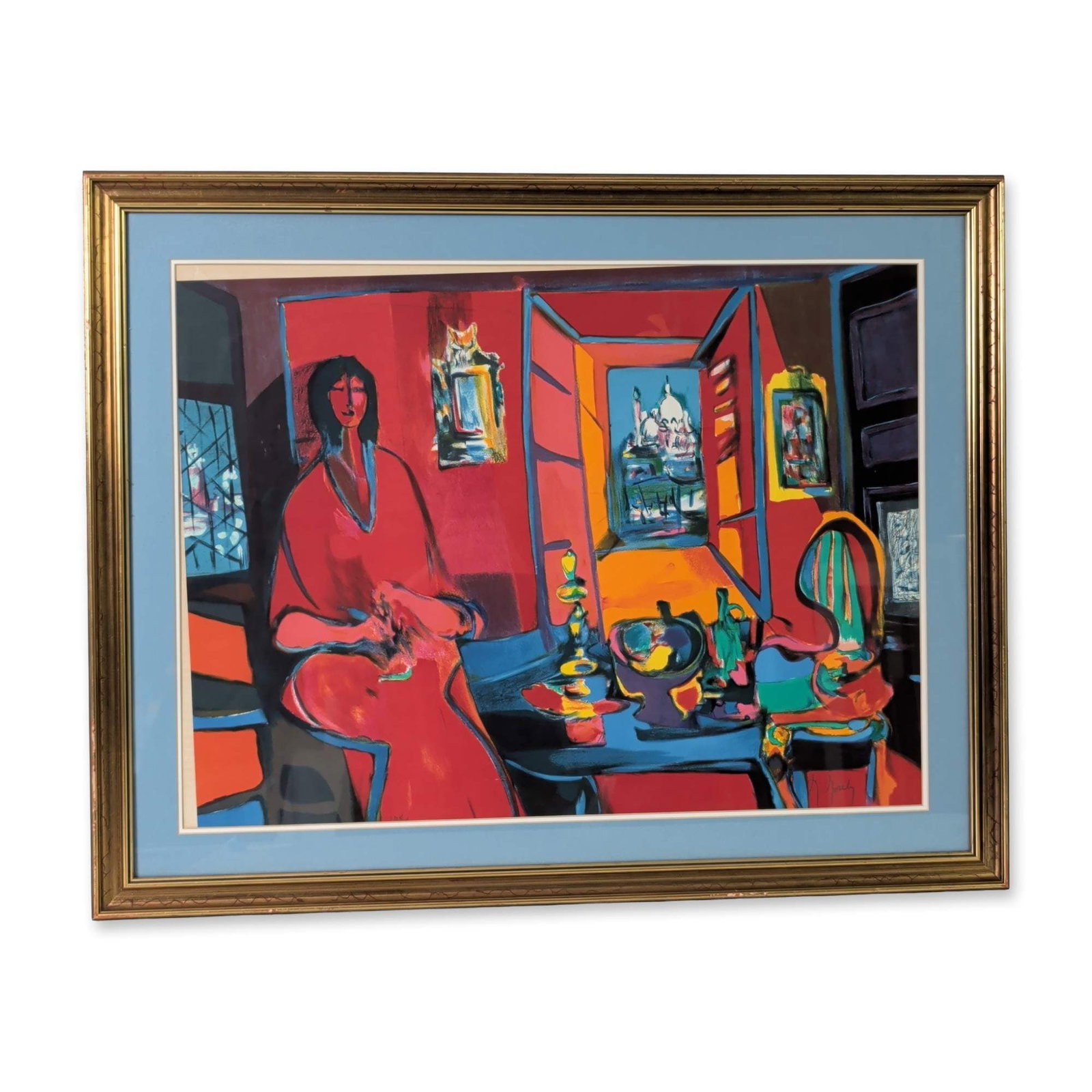 Marcel Mouly (French, 1918-2008), Serigraph on Paper, L'Interview Venetien I, Signed & Numbered: Marcel Mouly (French, 1918-2008) limited edition serigraph on paper titled L'Interview Venetien I, depicting a vibrant interior scene with a seated figure in a red robe, a tabletop still life, and a v