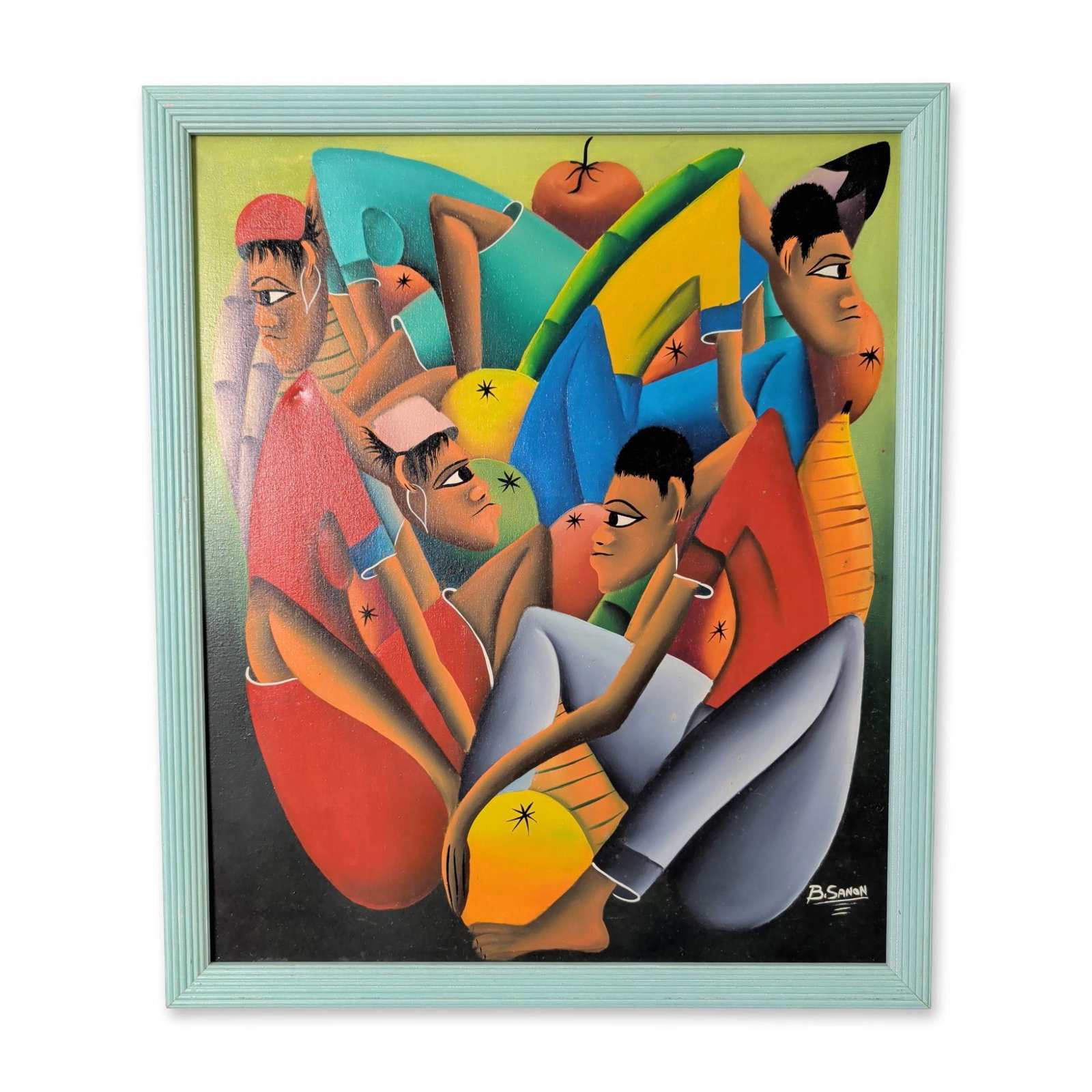 B. Sanon (Haitian, 20th-21st Century) Haitian Oil on Canvas, Signed: Haitian modernist painting in oil on canvas, depicting four stylized figures in a vibrant, multi-colored composition. The figures are rendered with elongated facial structures, almond-shaped eyes, and