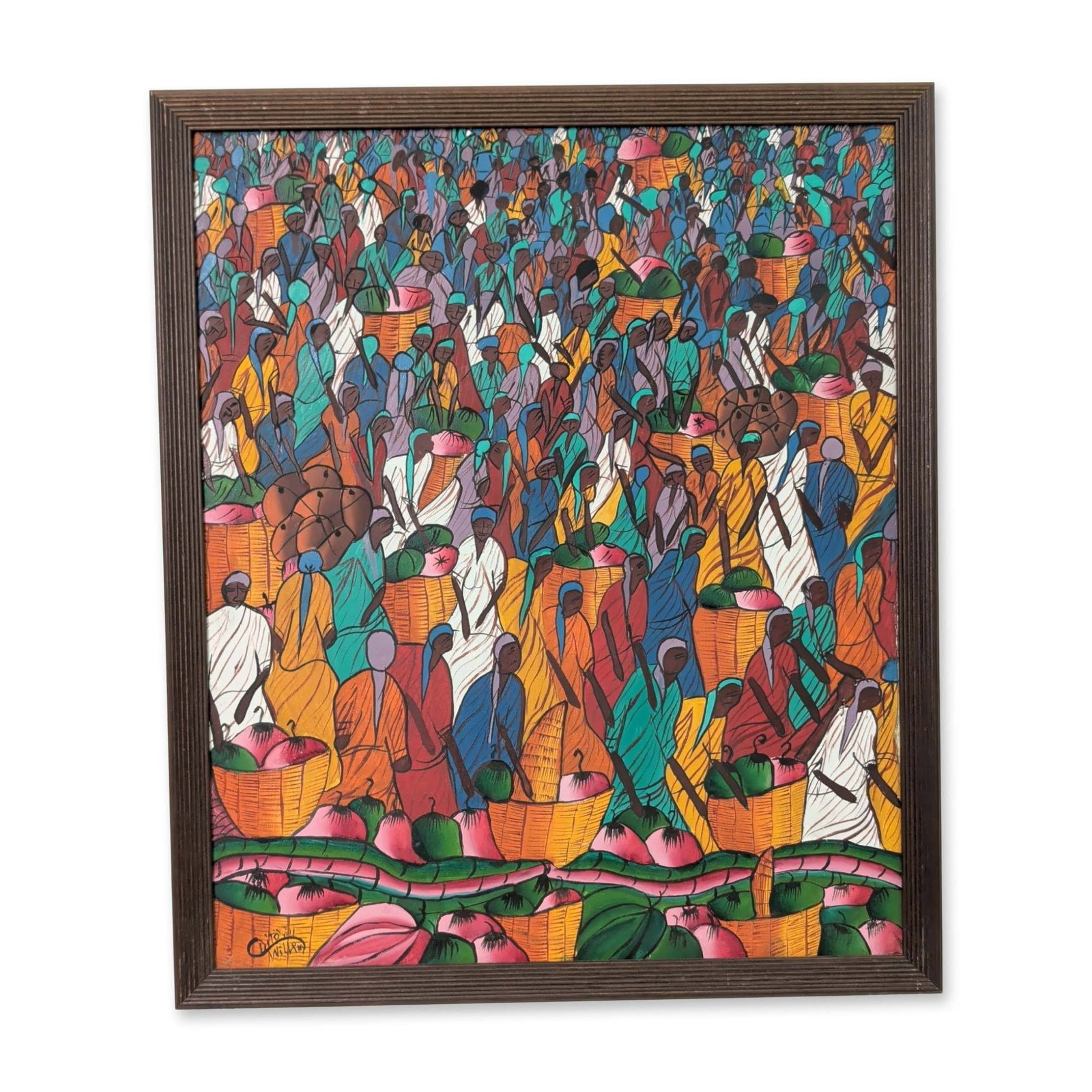 Willim Ditovil (Haitian 20th-21st century) Gouache on Canvas, Market Scene, Signed: Depicting a crowded market scene with stylized figures carrying baskets on their heads. Signed at the lower left. Set in a dark brown ribbed wooden frame. Sight size: 23.5"L x 19.5"H. Dimensions: 22"W