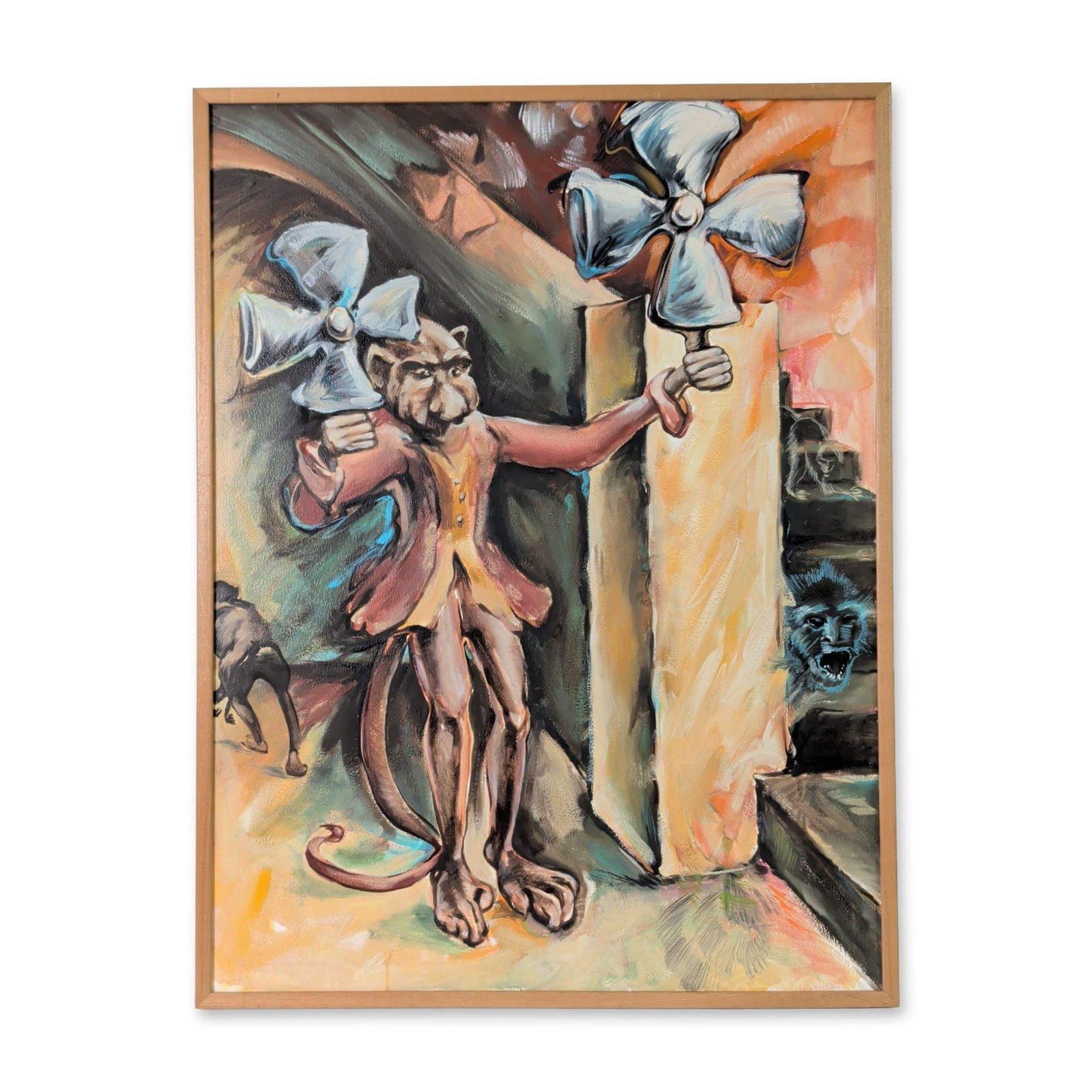 Neo-Expressionist Surrealist Monkey Oil on Canvas Painting: Neo-Expressionist Surrealist painting in oil on canvas featuring an anthropomorphic monkey-like figure dressed in a yellow vest clutching two four-bladed propellers. The composition is rendered with e