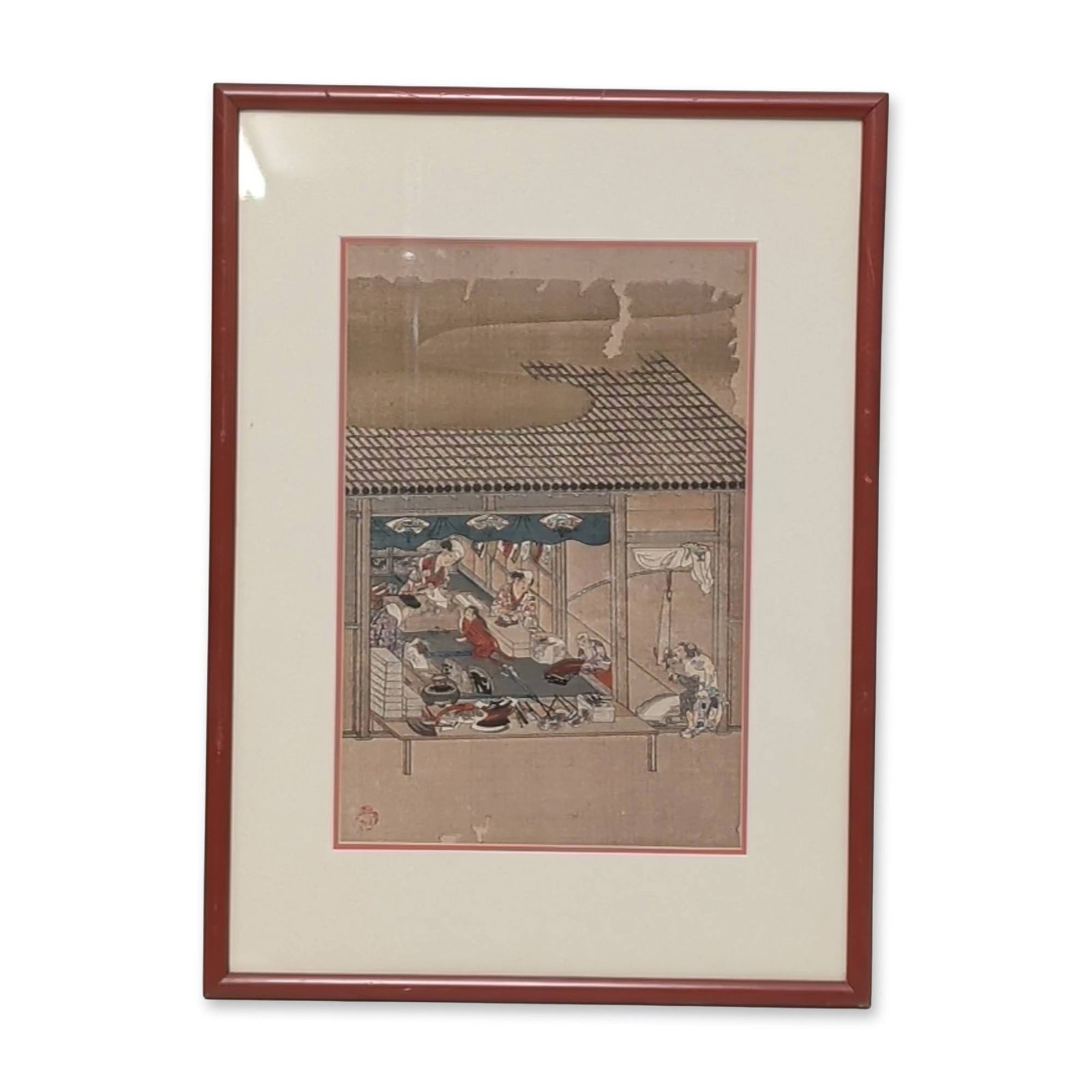 After Tosa Mitsuoki (Japanese, 1617-1691), Woodcut on Paper, Fan Maker: After Tosa Mitsuoki (Japanese, 1617-1691) Japanese woodblock print on paper depicting a workshop scene of artisans manufacturing folding fans. The composition utilizes a traditional blown-off roof