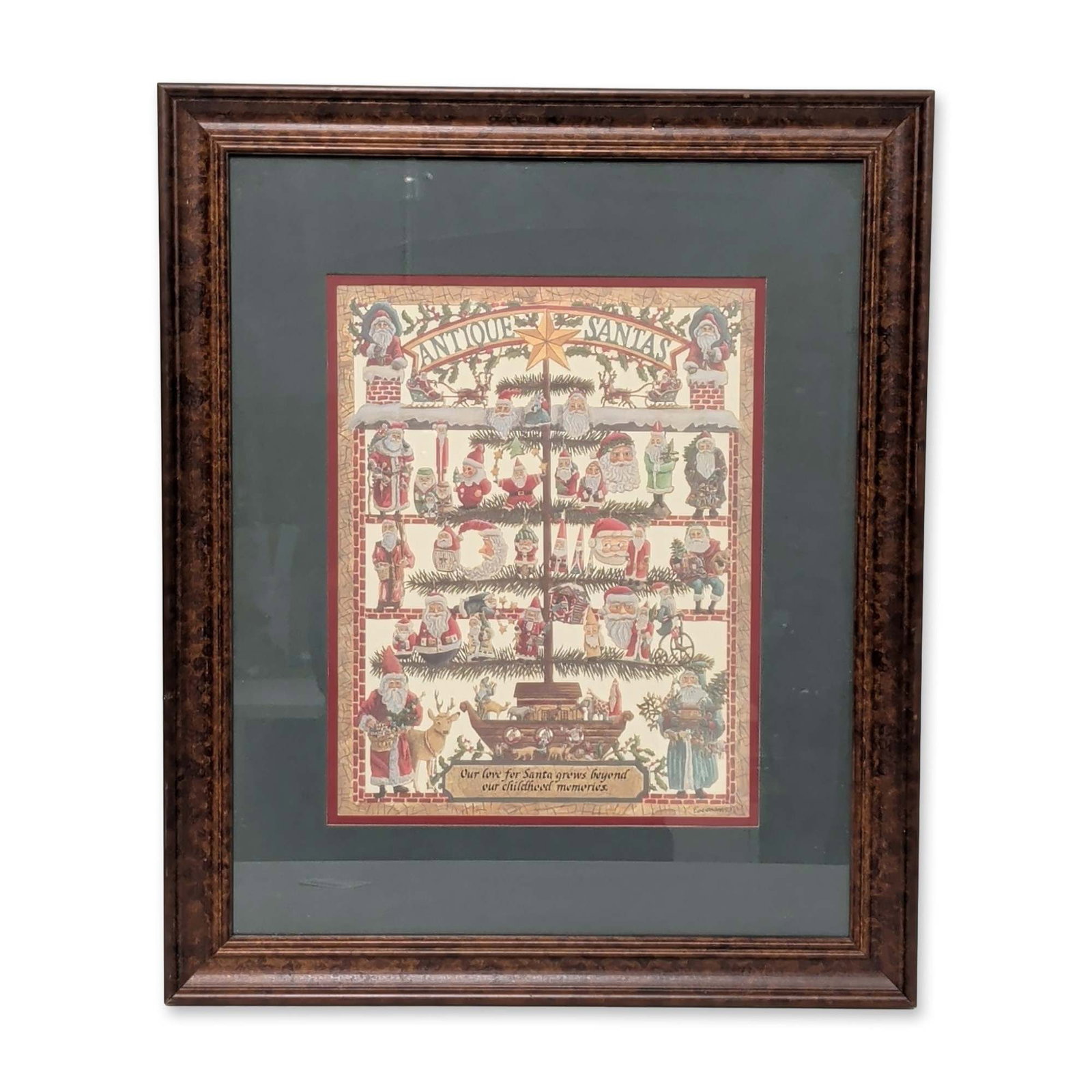 Dennis Eavenson (American b. 1950) Framed Paper-Cut Art Print, Antique Santas: Dennis Eavenson framed scherenschnitte paper-cut artwork titled Antique Santas. The intricate composition features a variety of Santa Claus figures and holiday motifs arranged around a central tree, a
