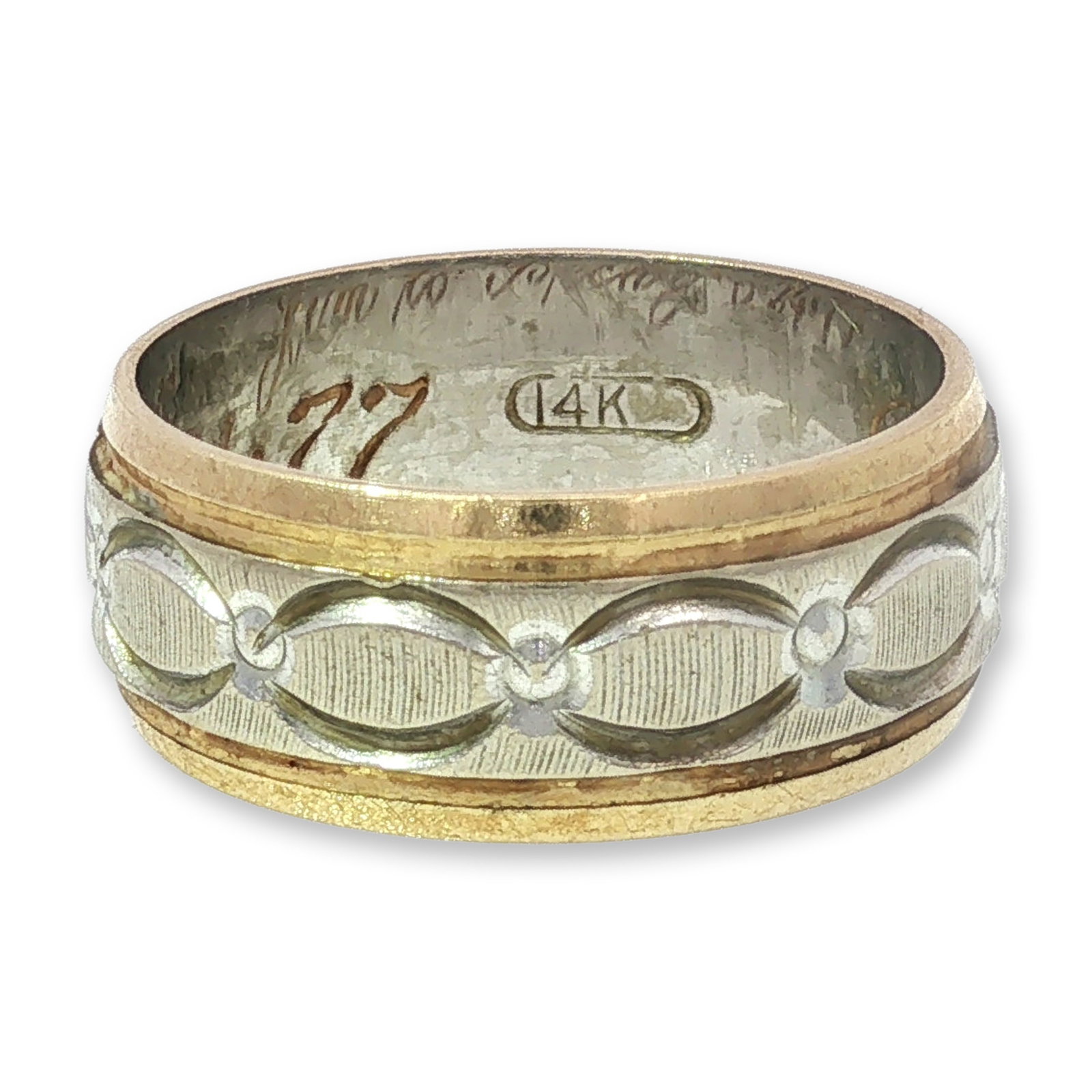 14K Two-Tone Gold Textured Wedding Band: Vintage 14 karat white and yellow gold wedding band featuring a central section with an embossed interlocking oval pattern. The decorative band displays engine-turned textures within the ovals and is