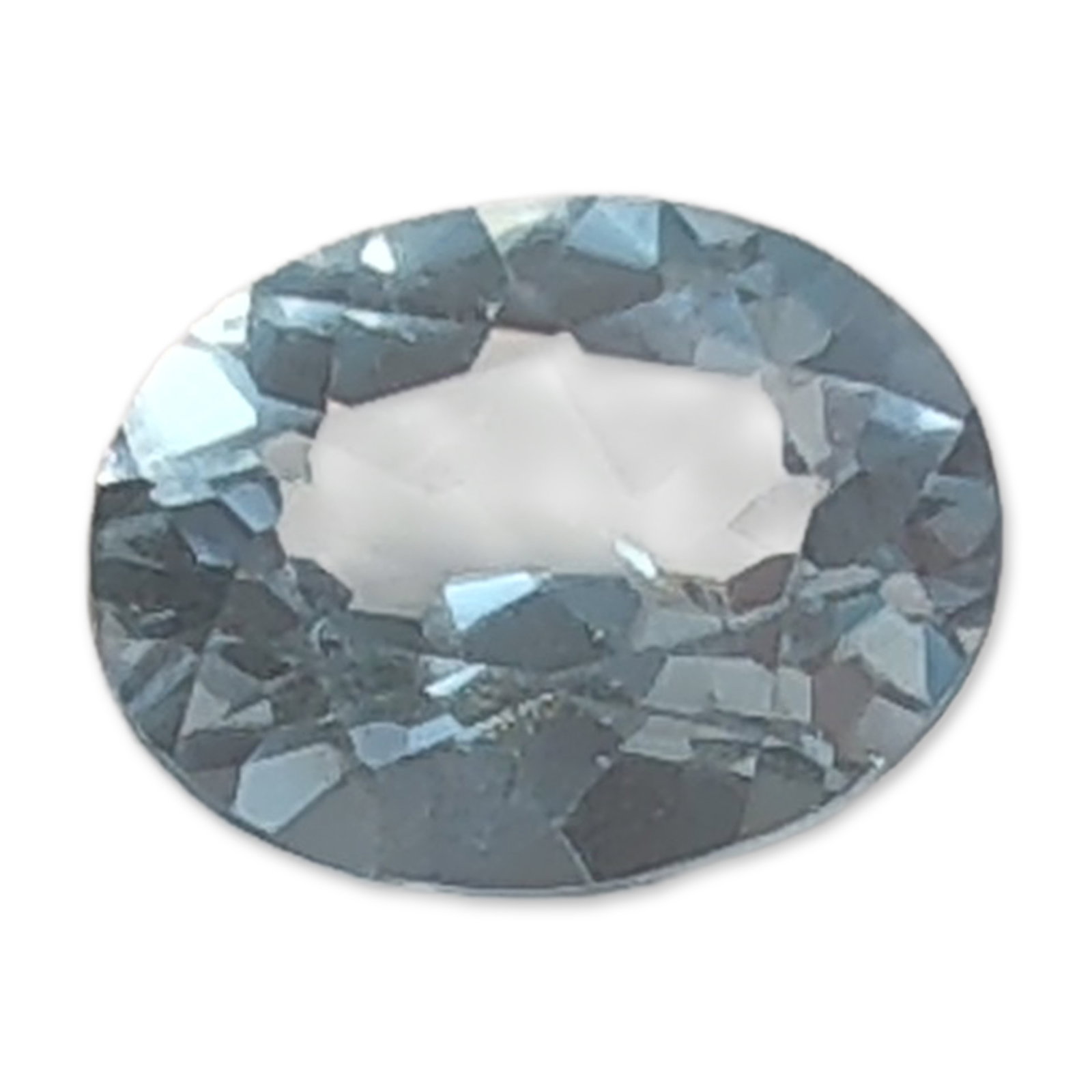 Oval Blue Topaz Gemstone: Light blue topaz gemstone, featuring an oval faceted cut. The stone exhibits a pale transparent blue color with eye-clean clarity and sharp facet junctions. 2.1 ct 8.9 mm. Dimensions: 8.9mm