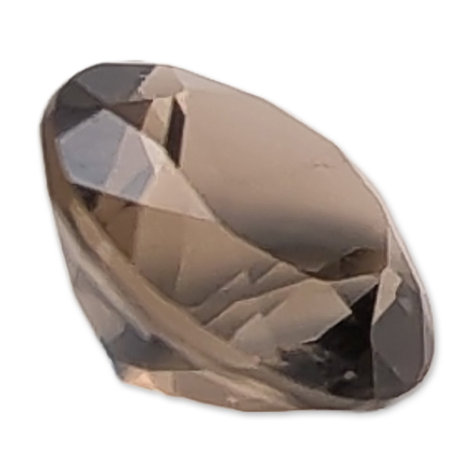 Round Brilliant Cut Smoky Quartz Loose Gemstone: A loose faceted gemstone, appearing to be smoky quartz, featuring a transparent smoky brown to grayish-brown color. The stone is fashioned in a round brilliant cut. 1.5ct and 7.8mm Dimensions: 7.8mm