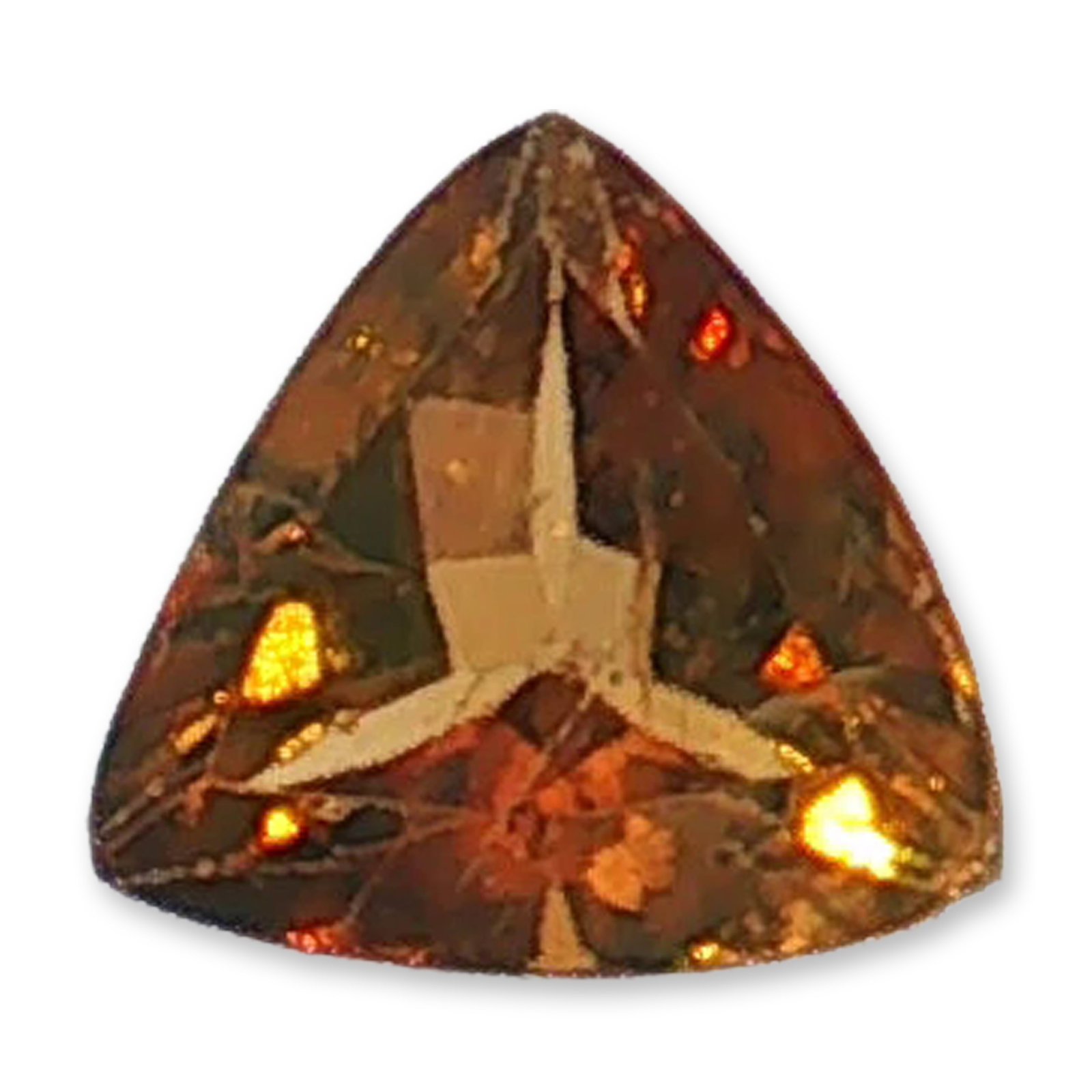 Trillion Cut Amber Sphalerite Loose Gemstone: Loose gemstone appears to be an amber-colored sphalerite in a faceted trillion cut, featuring a warm orange-brown hue with internal brilliance and a brilliant-style crown and pavilion. The stone exhib