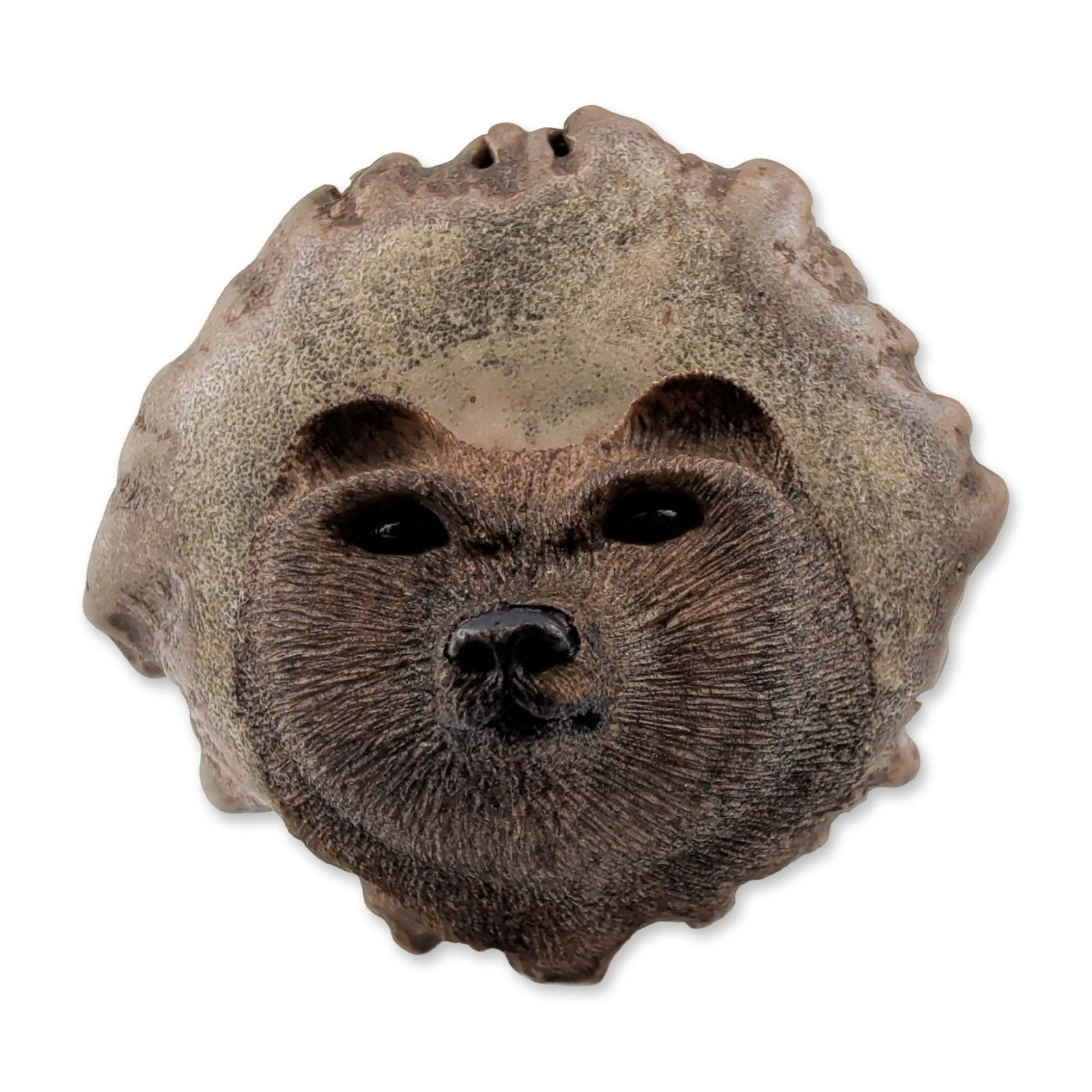 Russ Hill Signed Carved Antler Bear Belt Buckle: Russ Hill (American, 20th century) hand-carved antler burr belt buckle featuring a bear face. The carving incorporates the natural radial texture of the antler rosette. The eyes are inlaid with dark,