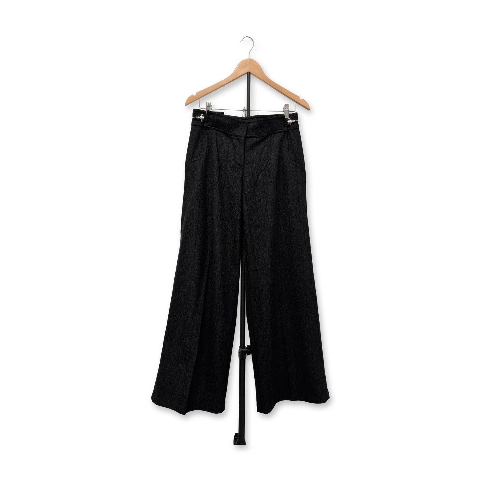 Emporio Armani Italian Gray Wide-Leg Trousers: Emporio Armani women's wide-leg trousers in a heavyweight charcoal gray textured fabric, manufactured in Italy. The garment features a flat-front silhouette, integrated belt loops, and a finished