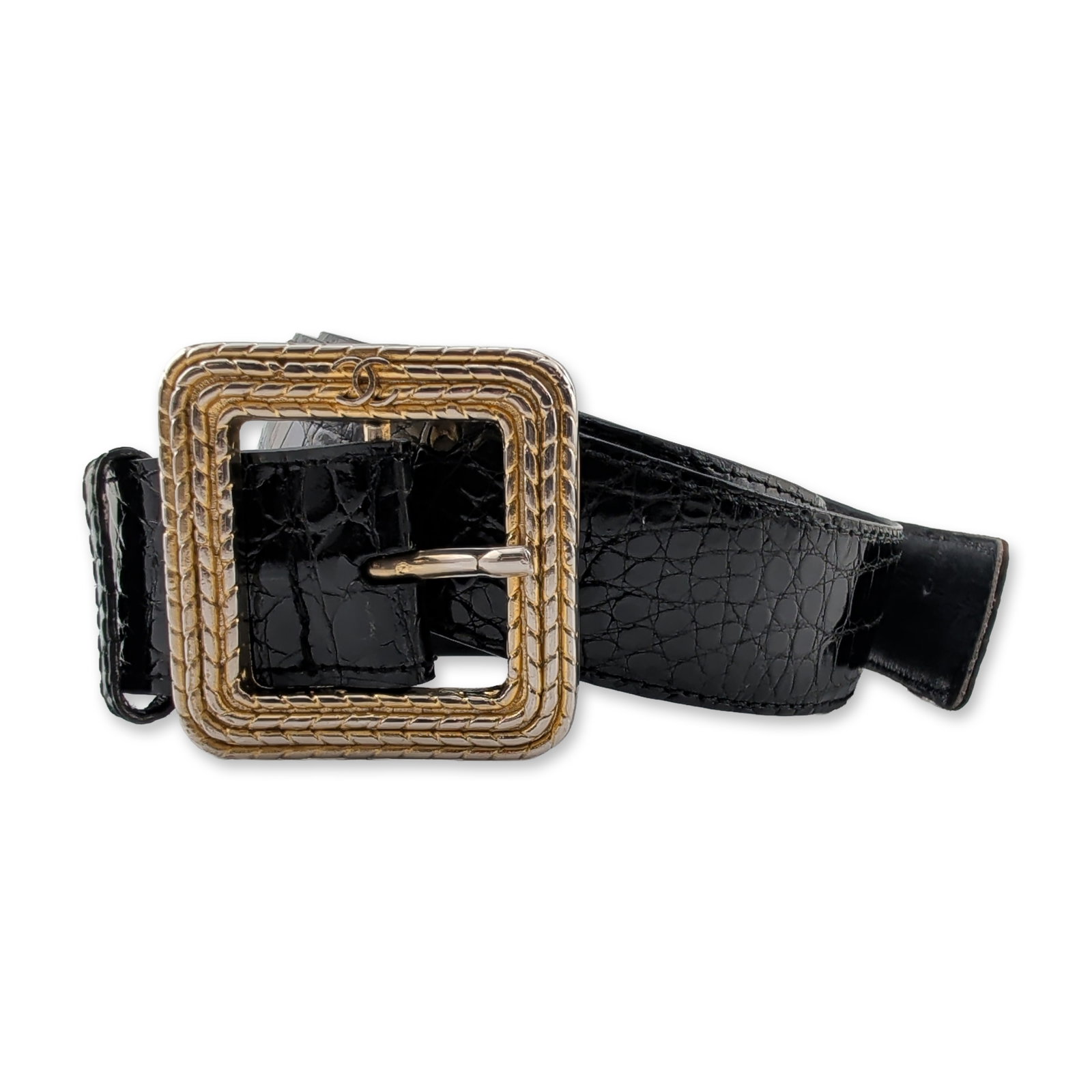 Chanel Made in Italy Black Crocodile Leather Belt: Chanel belt in black crocodile leather, featuring a square metal buckle with a concentric rope-textured design. The buckle exhibits gold and silver-tone finishes and is marked with a small interlaced