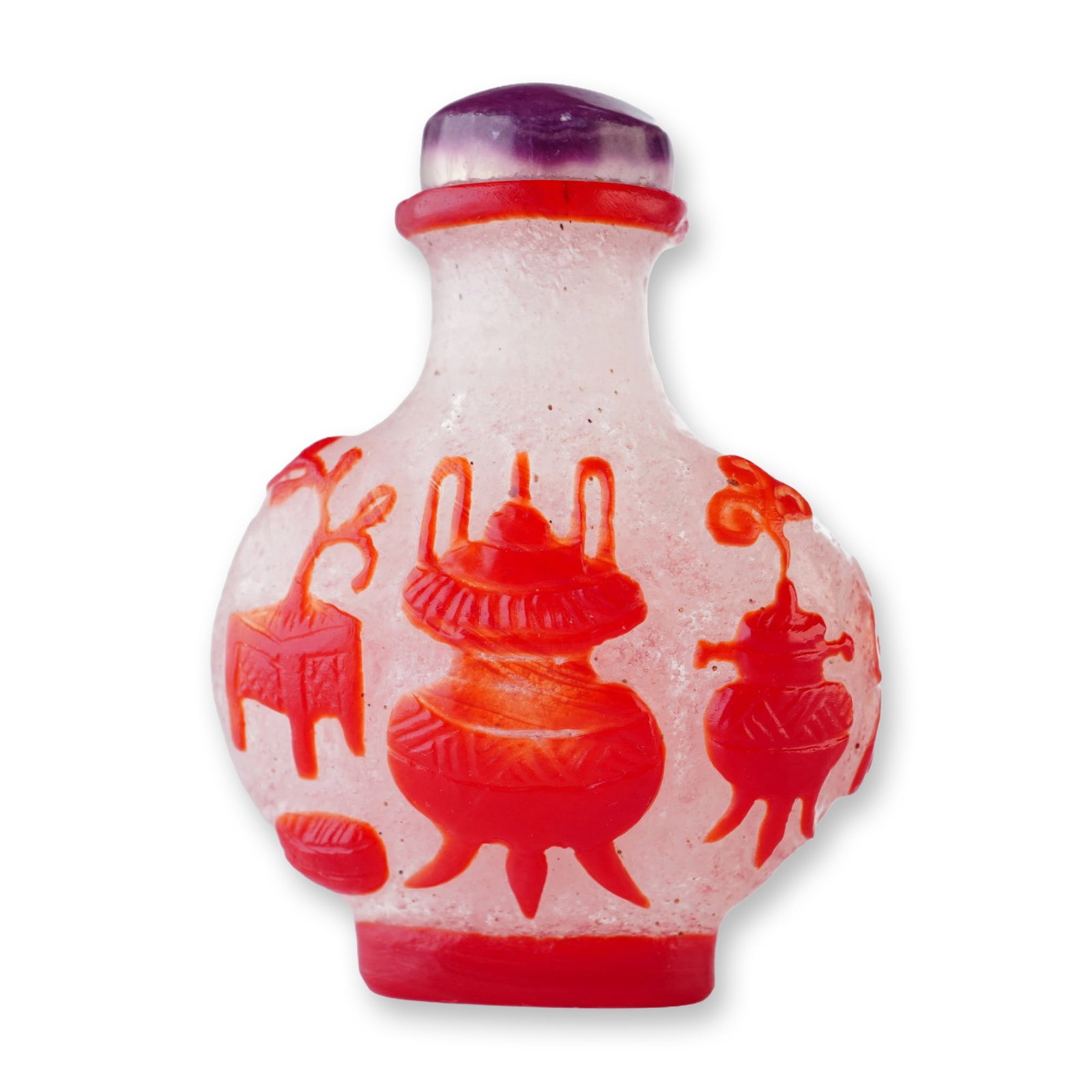 Peking Glass Overlay Snuff Bottle, Red Incense Burners: This Peking glass snuff bottle features a snowflake pattern with red overlay decorations of incense burners and a plant. It is presented with an amethyst-toned stopper. Dimensions: 2"L x 1"W x 2.5"H W