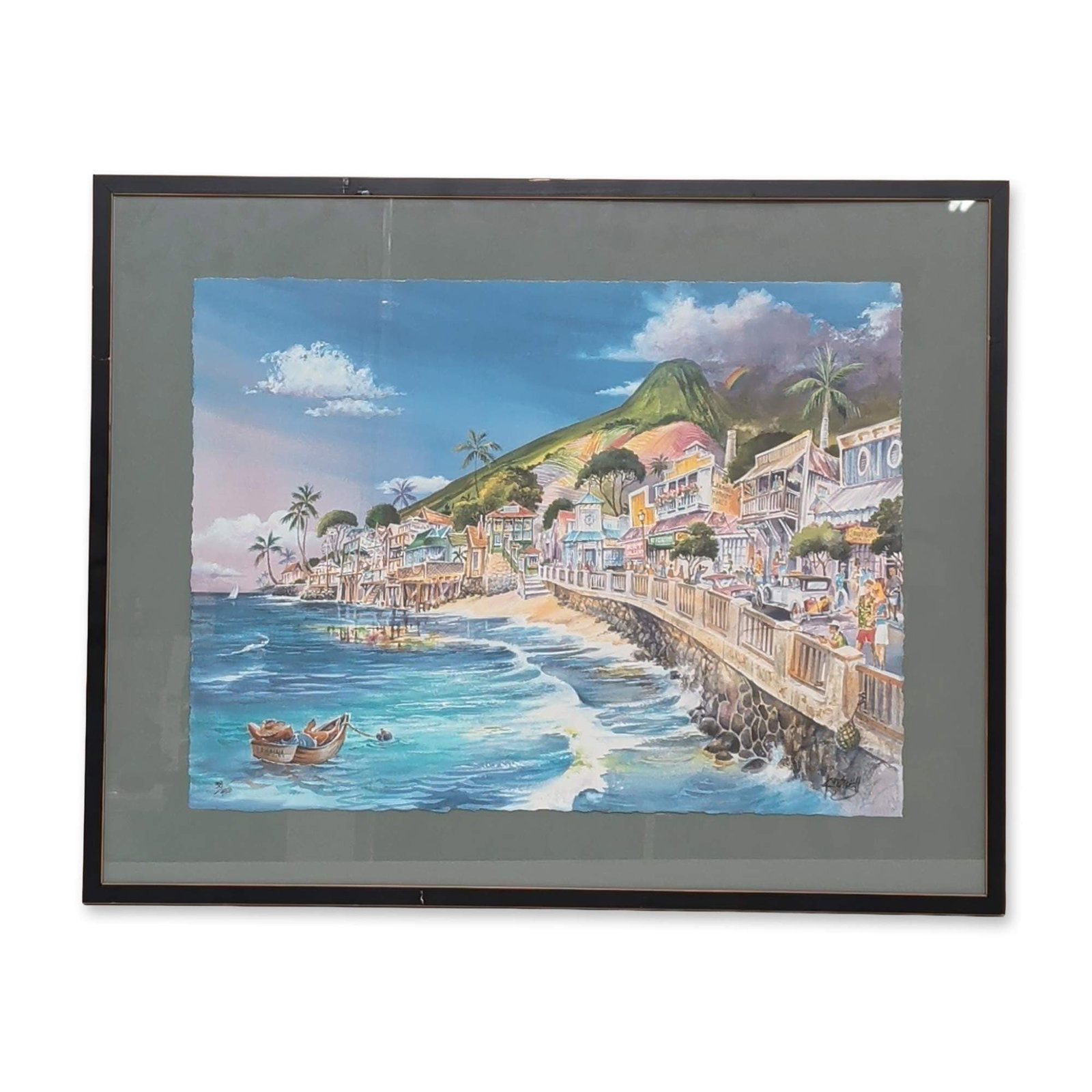 Jim Kingwell (American, 20th-21st century) Print on Watercolor Archival Paper, Signed & Numbered: Jim Kingwell (American, 20th-21st century) limited edition print on watercolor paper with hand-deckled edges. The scene depicts a vibrant coastal view of Front Street in Lahaina, Maui, including the L