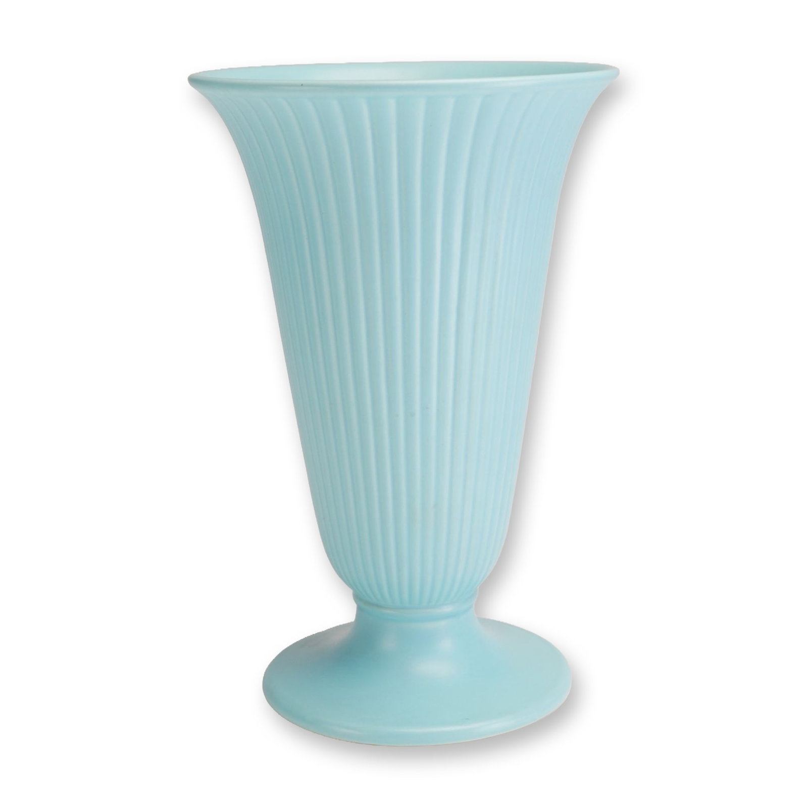 Wedgwood Etruria and Barlaston Matte Blue Fluted Queens Ware Vase: A mid-century earthenware vase manufactured by Wedgwood in England as part of the Etruria and Barlaston line. The vessel features a flared trumpet form characterized by pronounced vertical fluting acr