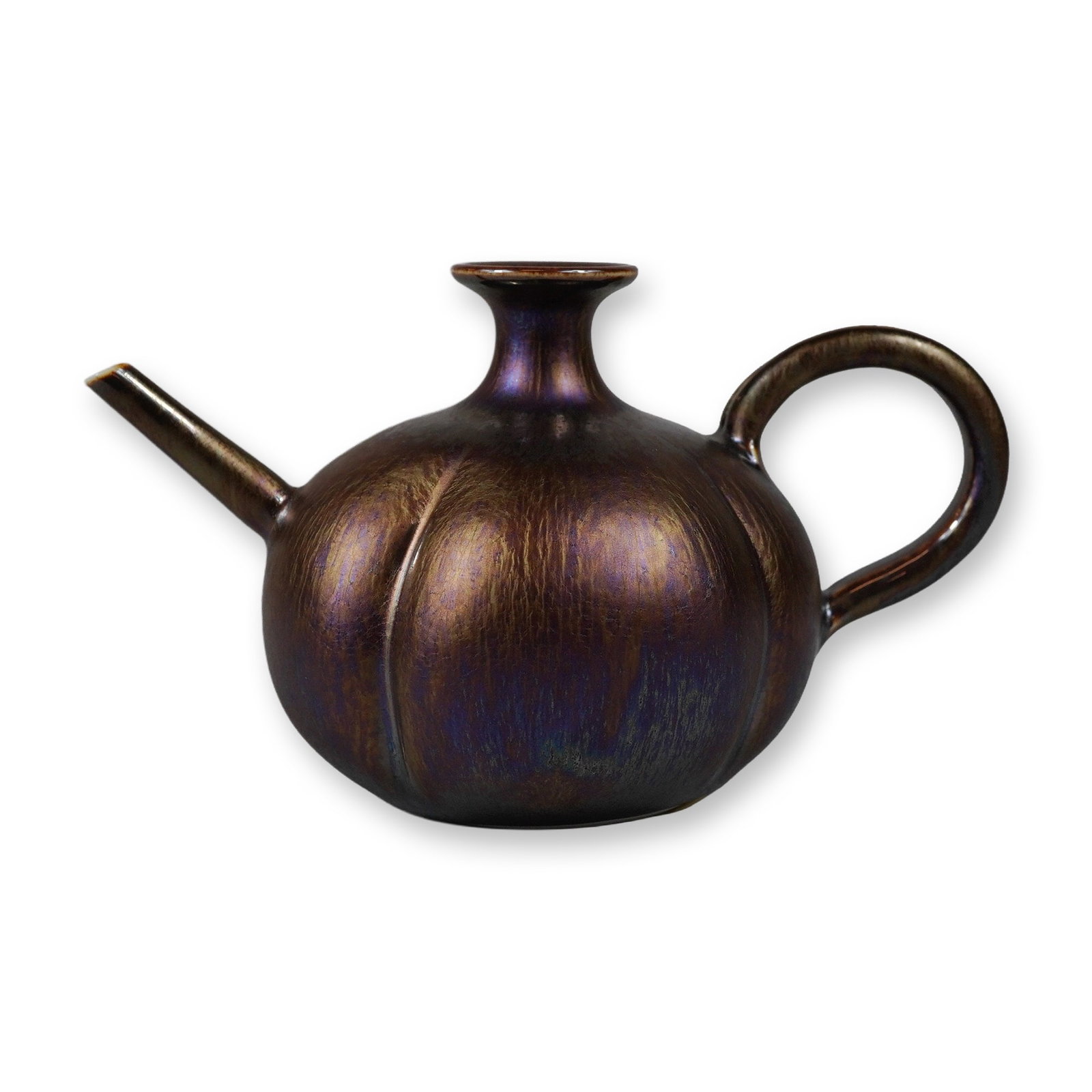 Iridescent Metallic Luster Glaze Lobed Ceramic Teapot: This small ceramic vessel, designed as a teapot or water dropper, features a globular, lobed body with vertical segments creating a pumpkin-like form. It is finished in a dark, iridescent metallic lus