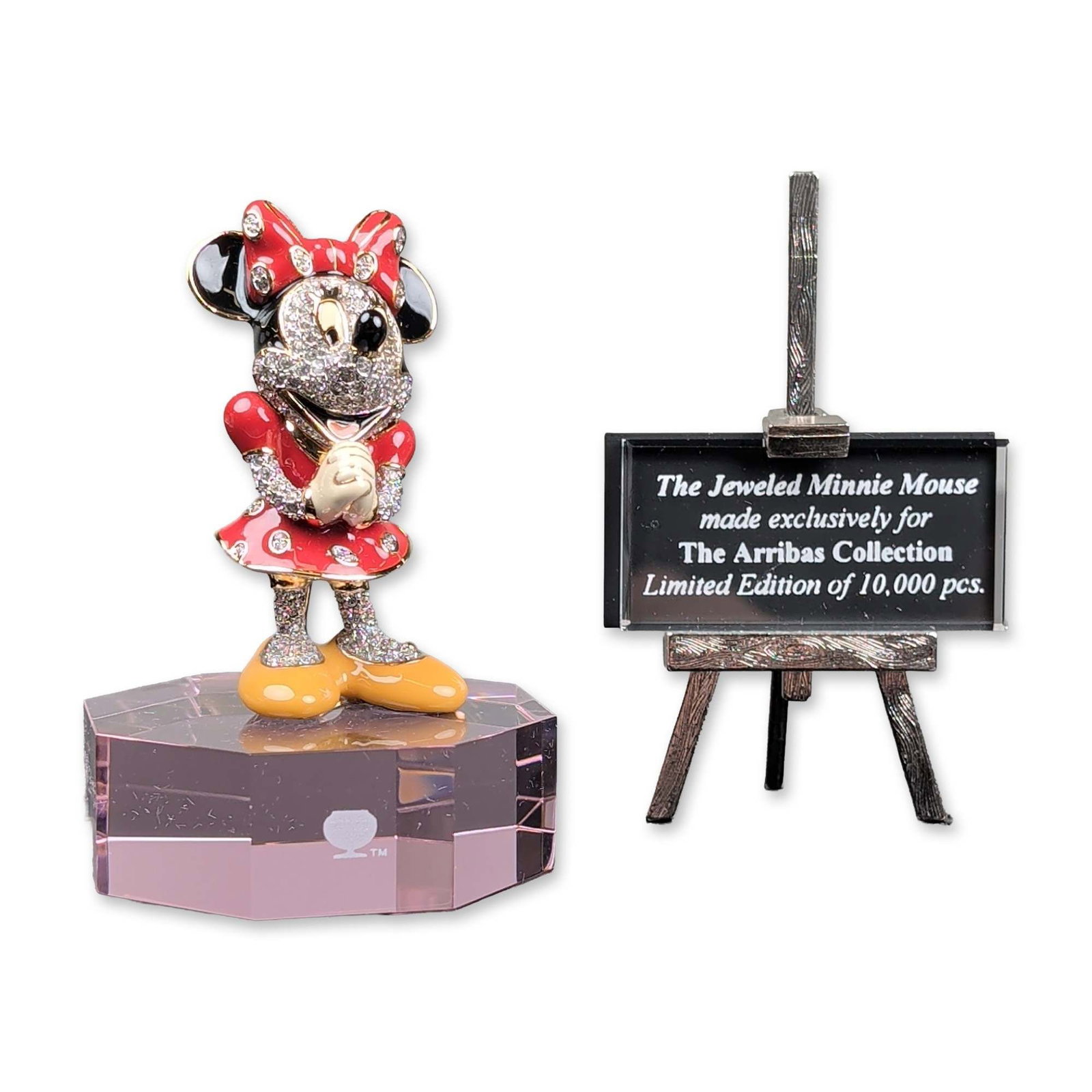3pc Arribas Brothers Disney LE Crystal Jeweled Minnie Mouse Figurine, Base and Plaque: Arribas Collection limited edition, 870 of 10000, jeweled Minnie Mouse figurine in gold-toned metal and enamel, featuring pave-set clear crystals to the head and body. Figurine is mounted on a faceted