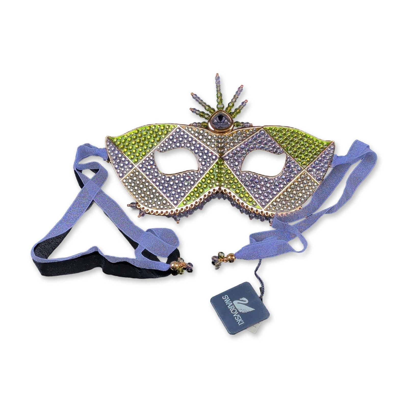Swarovski 2001 Limited Edition Crystal Masquerade Mask: Swarovski limited edition masquerade mask, 2001, model number 1806193, the third release in a limited series. The mask features a gold-tone metal frame decorated with pave-set peridot green and irides