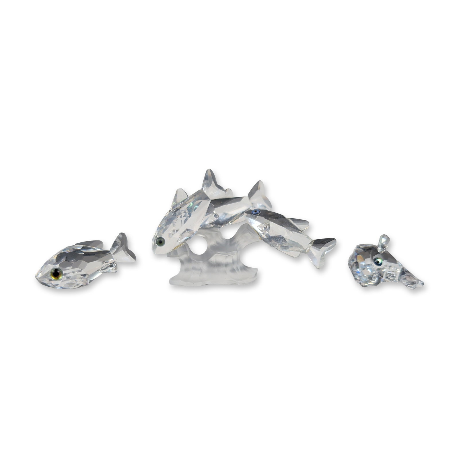 3pc Swarovski Silver Crystal Fish Figurines: 3pc faceted lead crystal figurines, featuring a South Sea school of three fish on a frosted crystal support, goldfish, and baby carp. Each group is crafted from faceted clear lead crystal accented wit