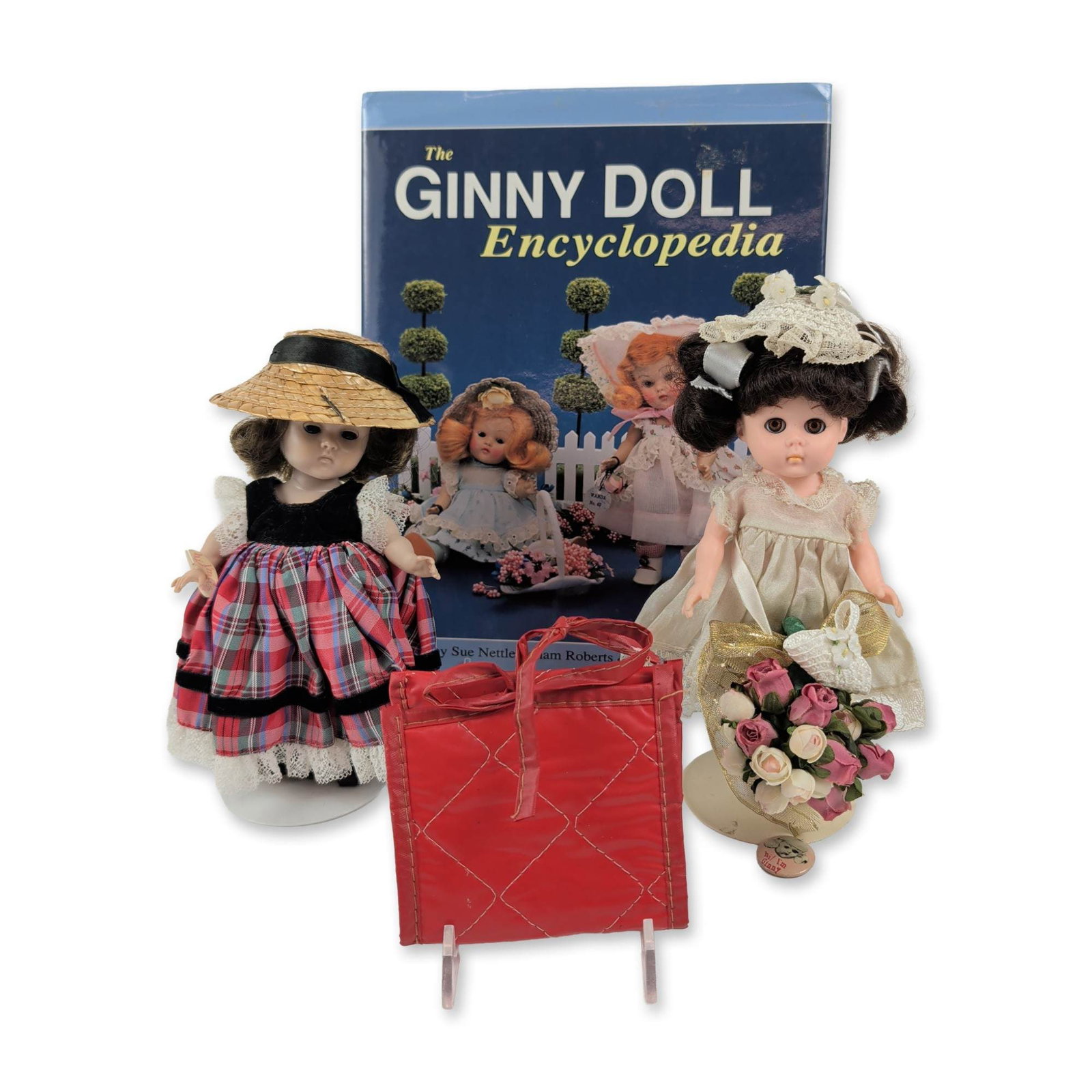 5pc Collection of Vogue Ginny Dolls and Accessories: Vogue Doll Company. Collection of Ginny doll items featuring two hard plastic dolls with synthetic wigs and sleep eyes. One doll wears an ivory satin-style gown with lace trim and matching floral head