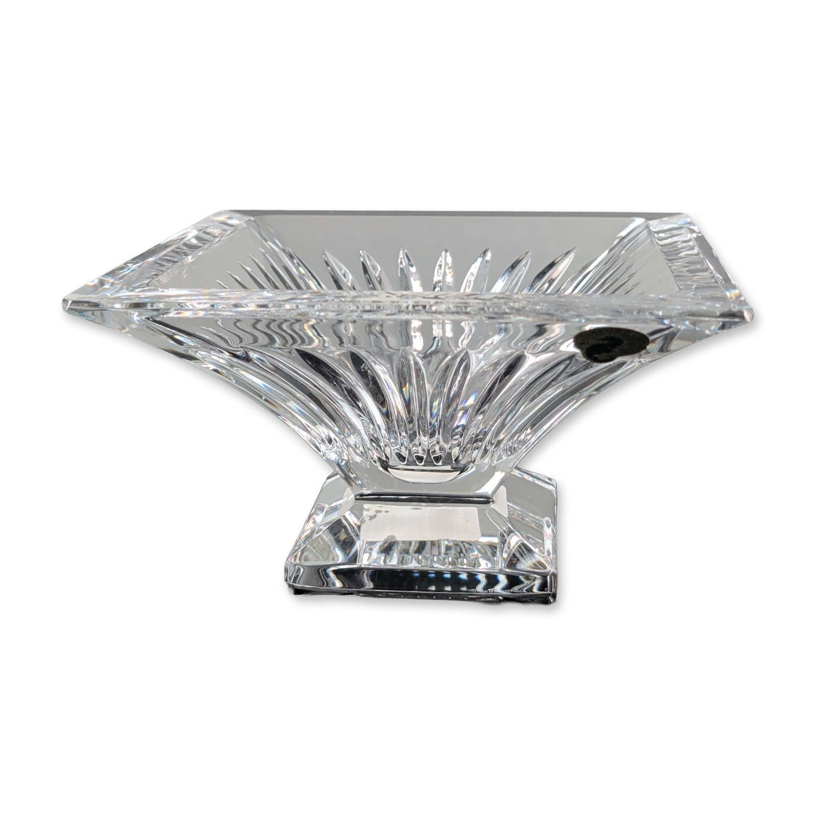 Waterford Clarion Lead Crystal Pedestal Bowl: Waterford lead crystal bowl in the Clarion pattern, made in Ireland. The square-form vessel features flared sides with radiating wedge cuts and a polished rim, supported by a stepped square pedestal b