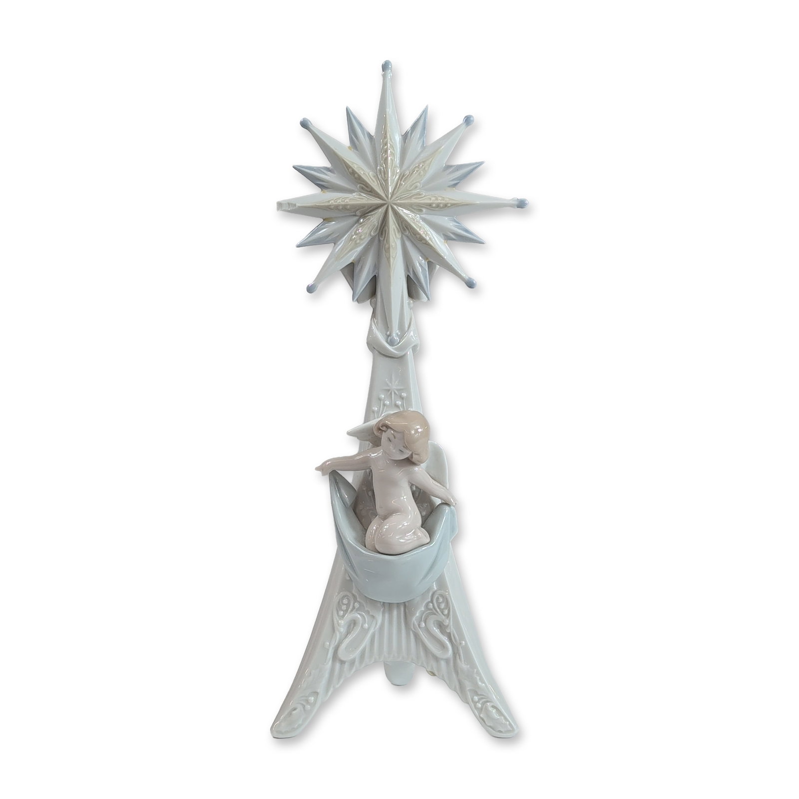 Lladro Porcelain Holiday Light 6619 Candle Holder: Lladro (Spain). Porcelain candle holder titled Holiday Light or Luz de Navidad, model number 56619. The piece features a glazed porcelain cherub figure reclining along the scrolling tail of a multi-po