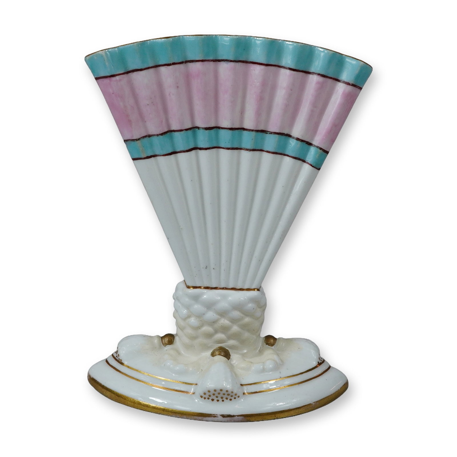 Wedgwood Porcelain Fan-Shaped Vase: A late 19th-century porcelain vase produced by Wedgwood in England. The piece is modeled in the form of an open folding fan (flabellum) with vertical ribbing. The fan body is supported by a molded bas