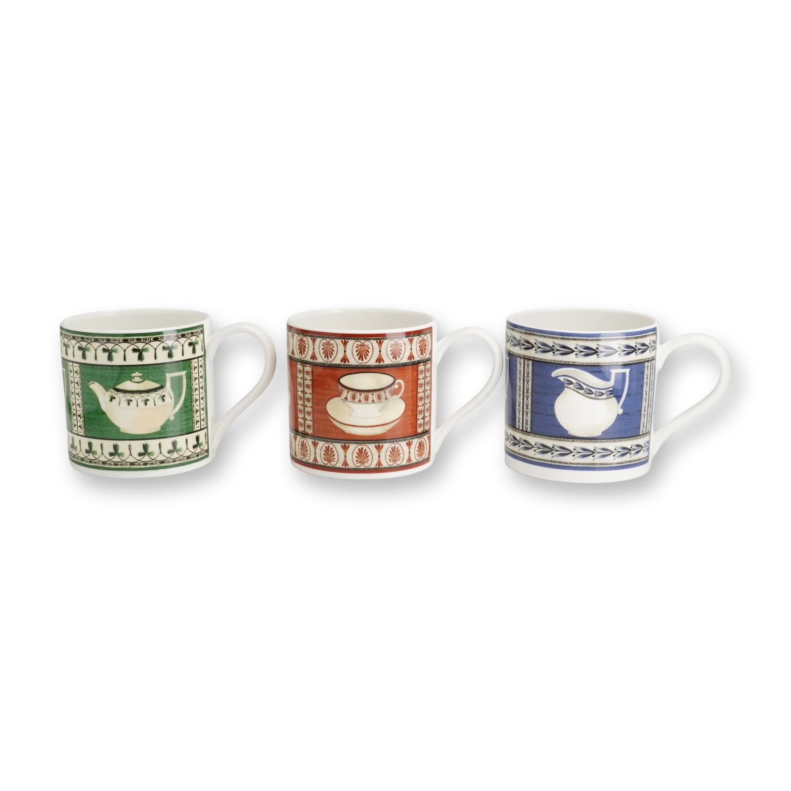 3pc Wedgwood Bone China The Mug Collection: A set of three contemporary bone china mugs manufactured by Wedgwood in England as part of The Mug Collection. Each mug features a central neo-classical panel depicting a different component of a trad