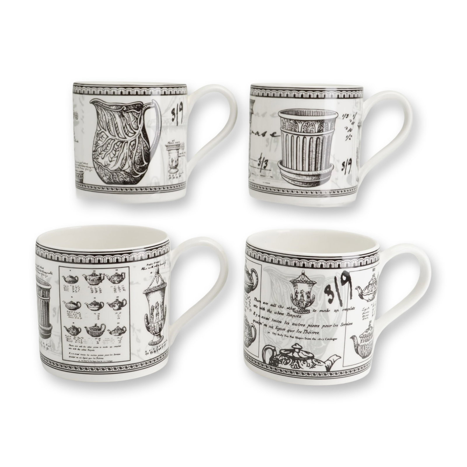 4pc Wedgwood Bone China Rubin Collection Mugs: A set of four bone china mugs manufactured by Wedgwood for the Rubin Collection. Each mug features a white glazed ground decorated with black transfer-printed designs depicting historical ceramic form