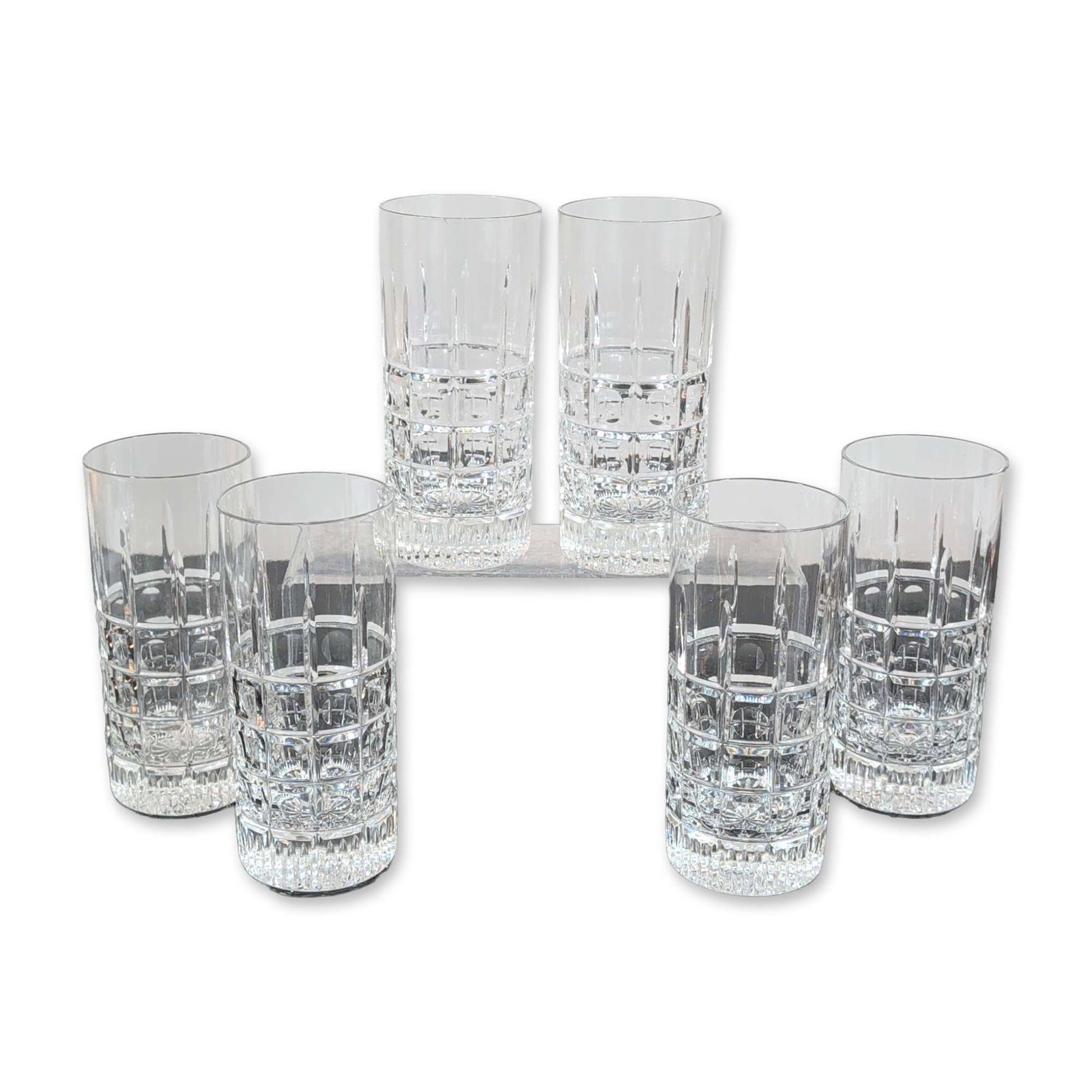 6pc Vintage Cut Crystal Highball Tumblers: Set of six highball tumblers, crafted from heavy lead crystal. The design features three decorative bands including a lower row of oval thumbprint cuts, and an upper band of elongated vertical wedge f