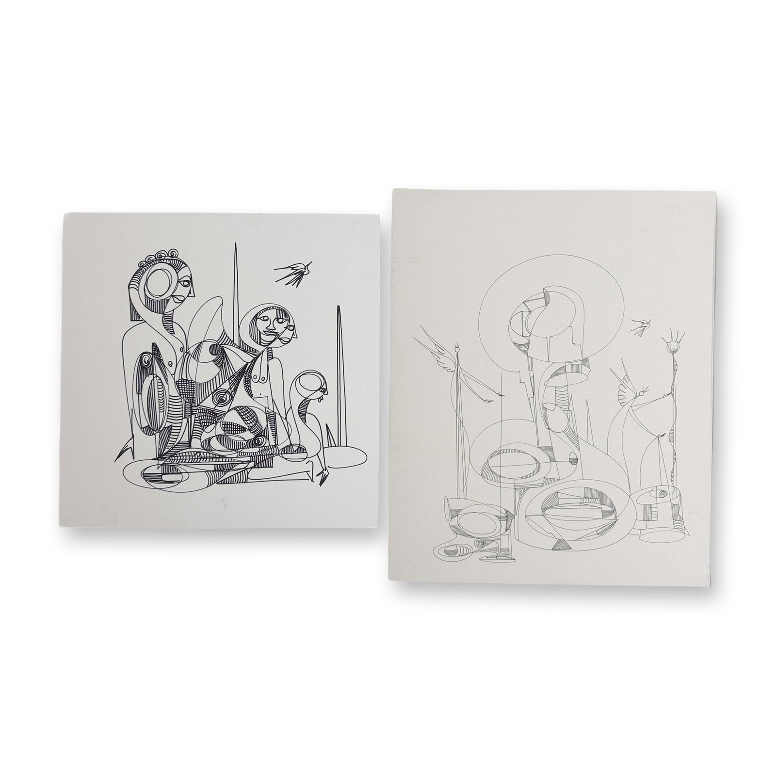2pc Alfonso Rendon aka Masplata (Panamanian, 1957 - 2025), Pen and Marker on Board, Figuras and: Two original drawings on board, Angels and Figuras. The Custodians of this world help Masplata bring the message of hope. His Birds provide refuge and relieve anxiety. His signature Dove brings peace.