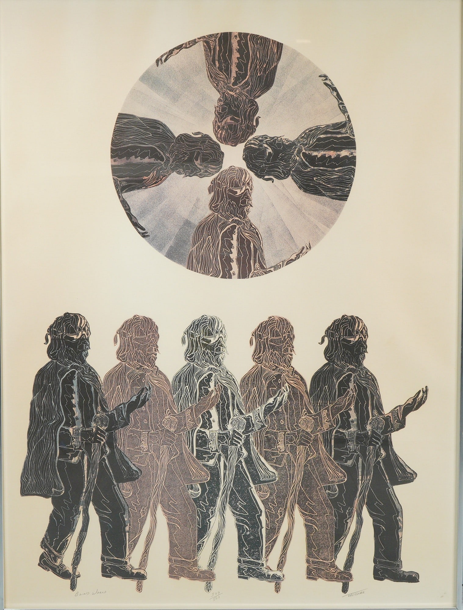 Theodore, Blind World, Large Woodcut on Paper, Edition 309/500: This large woodcut on paper is titled Blind World and is signed by the artist Theodore. The composition features stylized, monochromatic figures rendered in a woodblock or linocut technique on cream-c