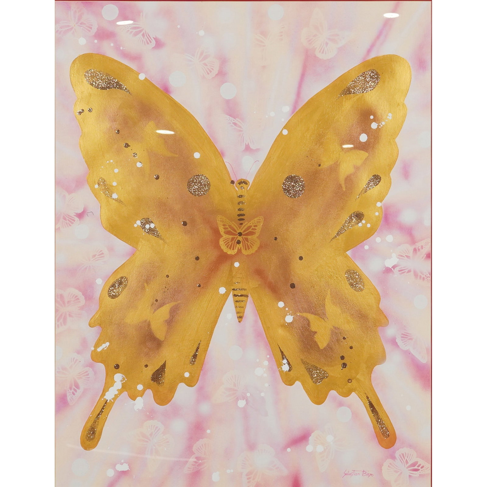 Sebastian Bispo Multimedia on Paper Painting of Butterflies: This multimedia on paper painting by Sebastian Bispo depicts butterflies and is executed with acrylic, glitter, and spray paint. The central figure is a large butterfly rendered in gold metallic paint