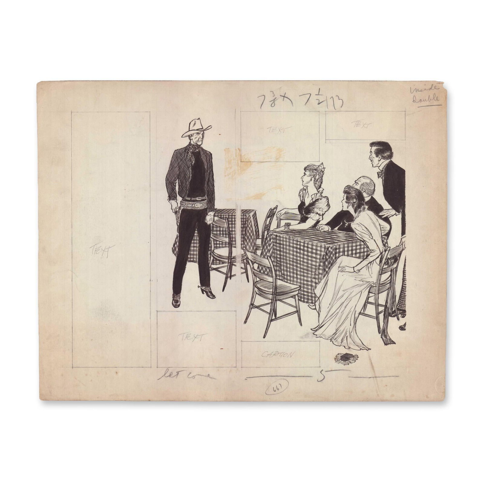 Wayne Hall American 1905-1969 Original Romantic Range Magazine Illustration: Original illustration drawing by Wayne Hall executed in black ink and graphite pencil on aged, cream-colored paper. The subject depicts a dramatic scene featuring six figures: a cowboy in dark attire 