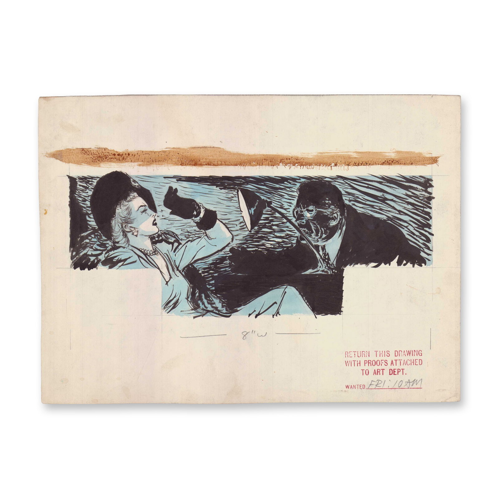 Wayne Hall Ink Illustration The Traveler Returns: A dramatic Wayne Hall illustration depicting a blonde woman in a dark hat and gloves confronting a menacing, shadowed man wearing glasses. The scene is likely intended for a serialized mystery or noir