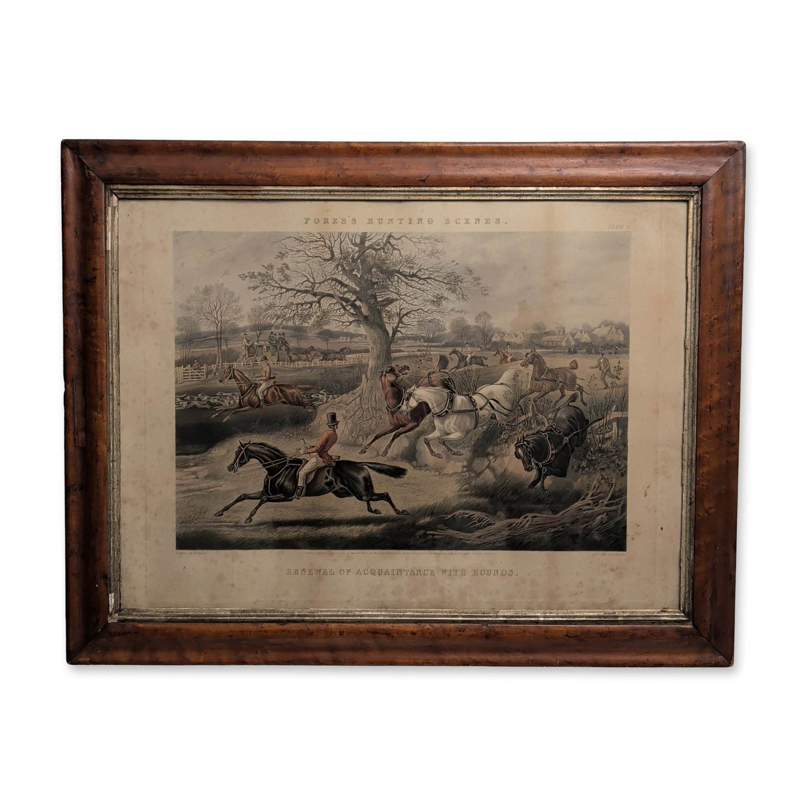 Henry Alken (British, 1785-1851), Renewal of Acquaintance with Hounds: Henry Alken (British, 1785-1851). Hand-colored aquatint on paper titled Renewal of Acquaintance with Hounds, Plate 2 from the Fores's Hunting Scenes series. Engraved by J. Harris. The composition depi