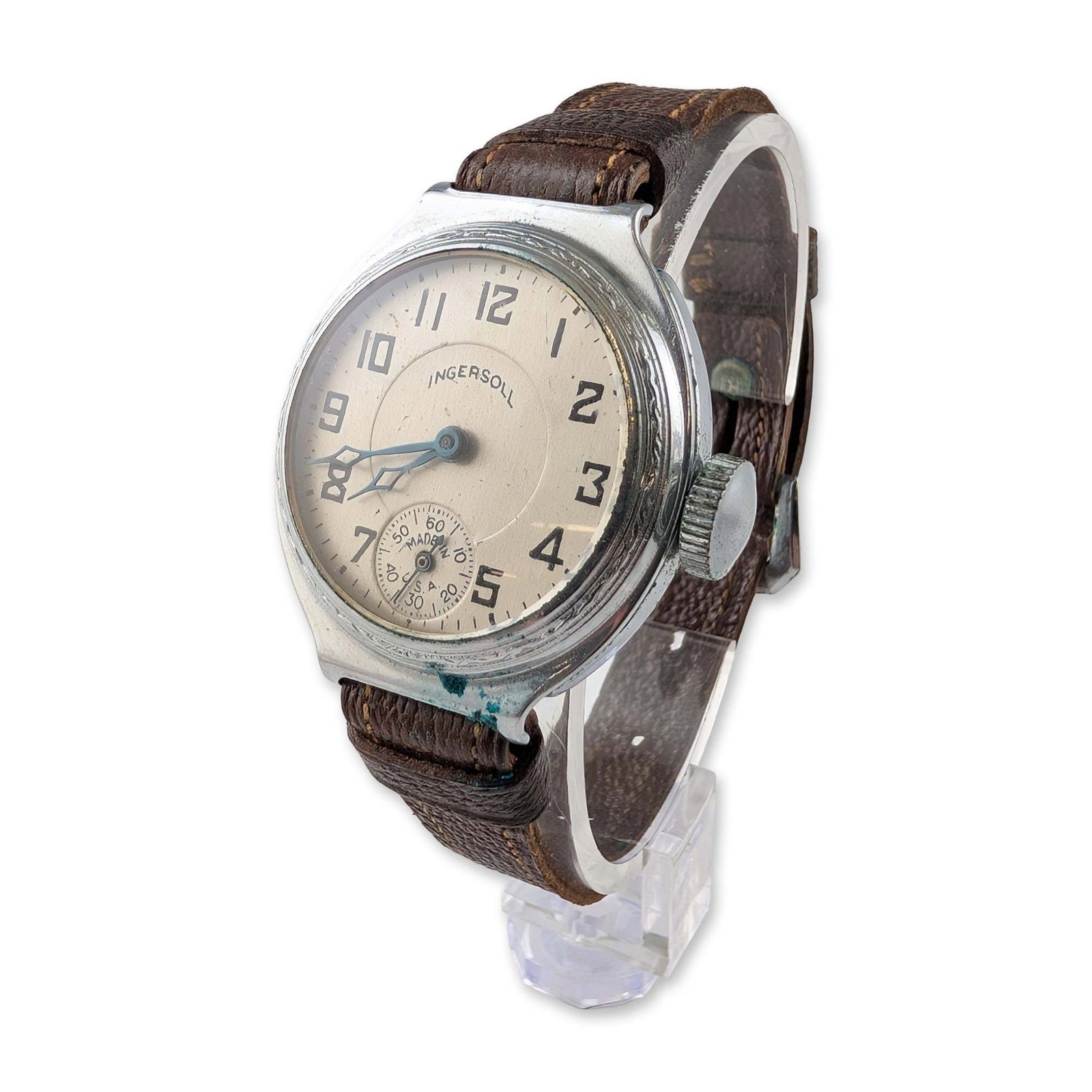 Ingersoll 20th Century Manual Wind Wristwatch: Ingersoll 20th-century manual wind wristwatch featuring a plated base metal case with a cream dial. The dial displays black Arabic numerals, blued-steel cathedral-style hands, and a sub-second's dial 