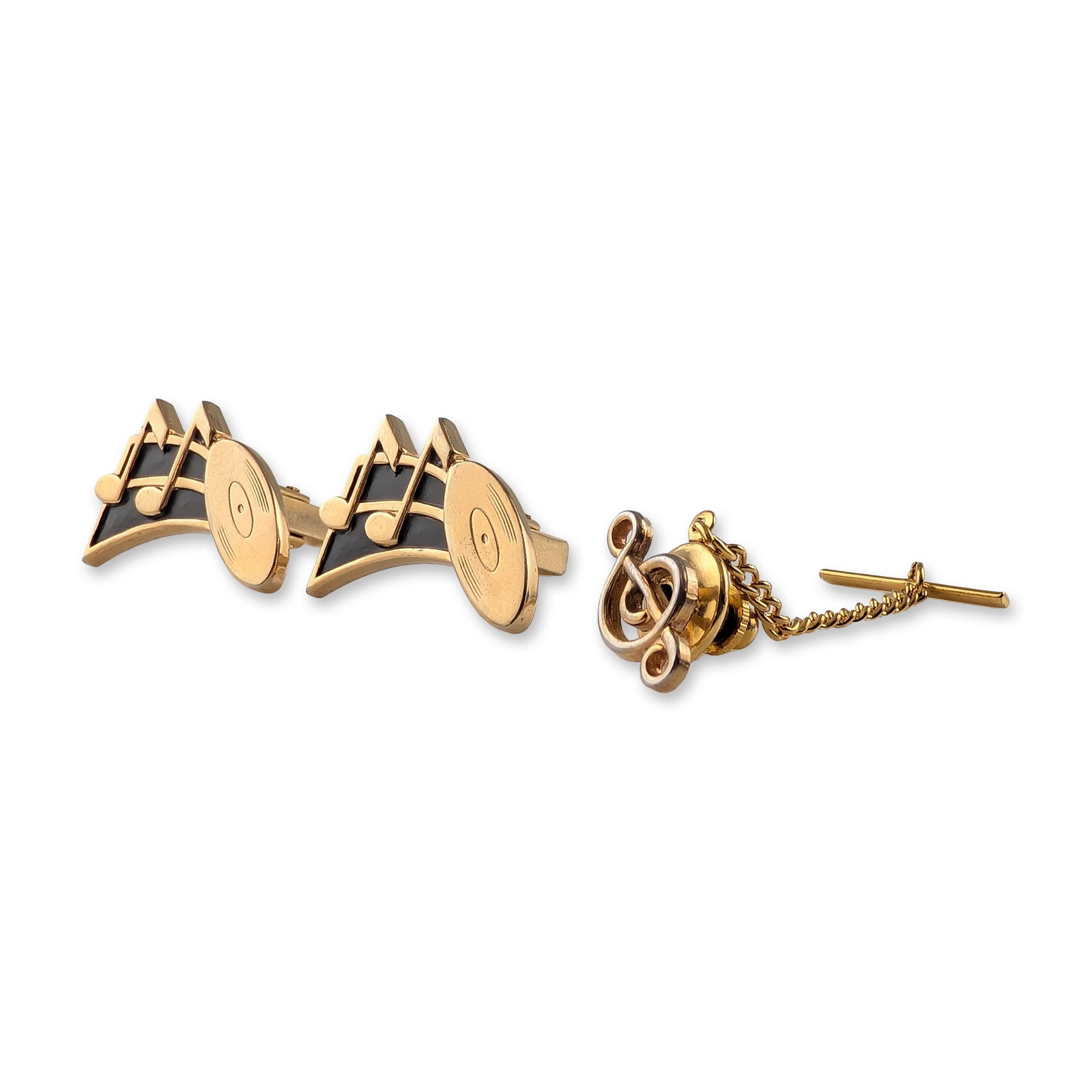 Anson Mid-Century Gold-Tone Musical Cufflink and Tie Tack Set: Anson. Three-piece men's jewelry set in gold-tone base metal and black enamel featuring a musical theme. The pair of cufflinks displays stylized musical notes on a staff adjacent to a vinyl record wit