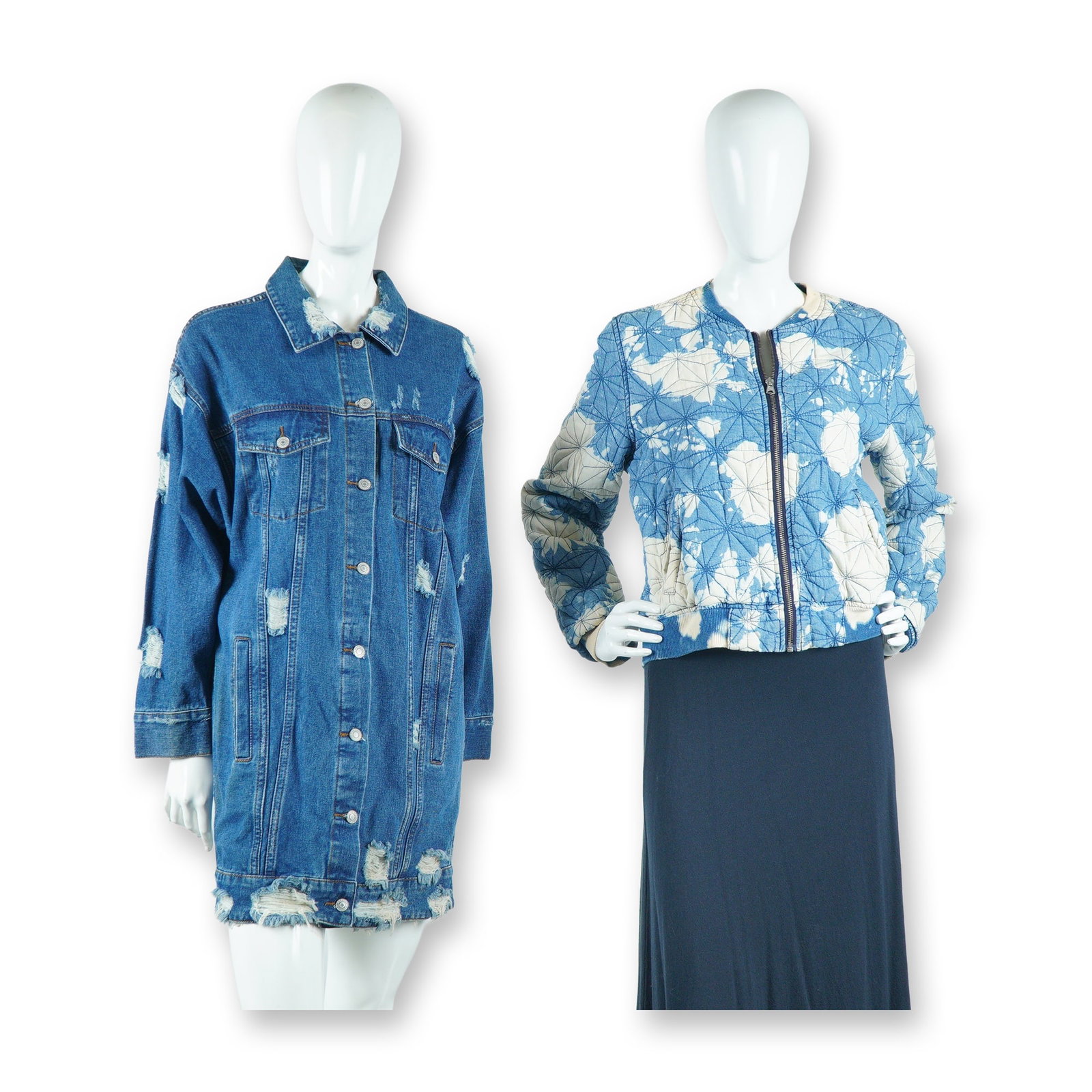 2pc Audrey 3 Plus1 and H&M Distressed and Quilted Denim Jackets: This lot features two contemporary women's denim garments. The first is a longline, oversized distressed denim jacket by Audrey 3 Plus1, which is designed with a length suitable to be worn as a denim 