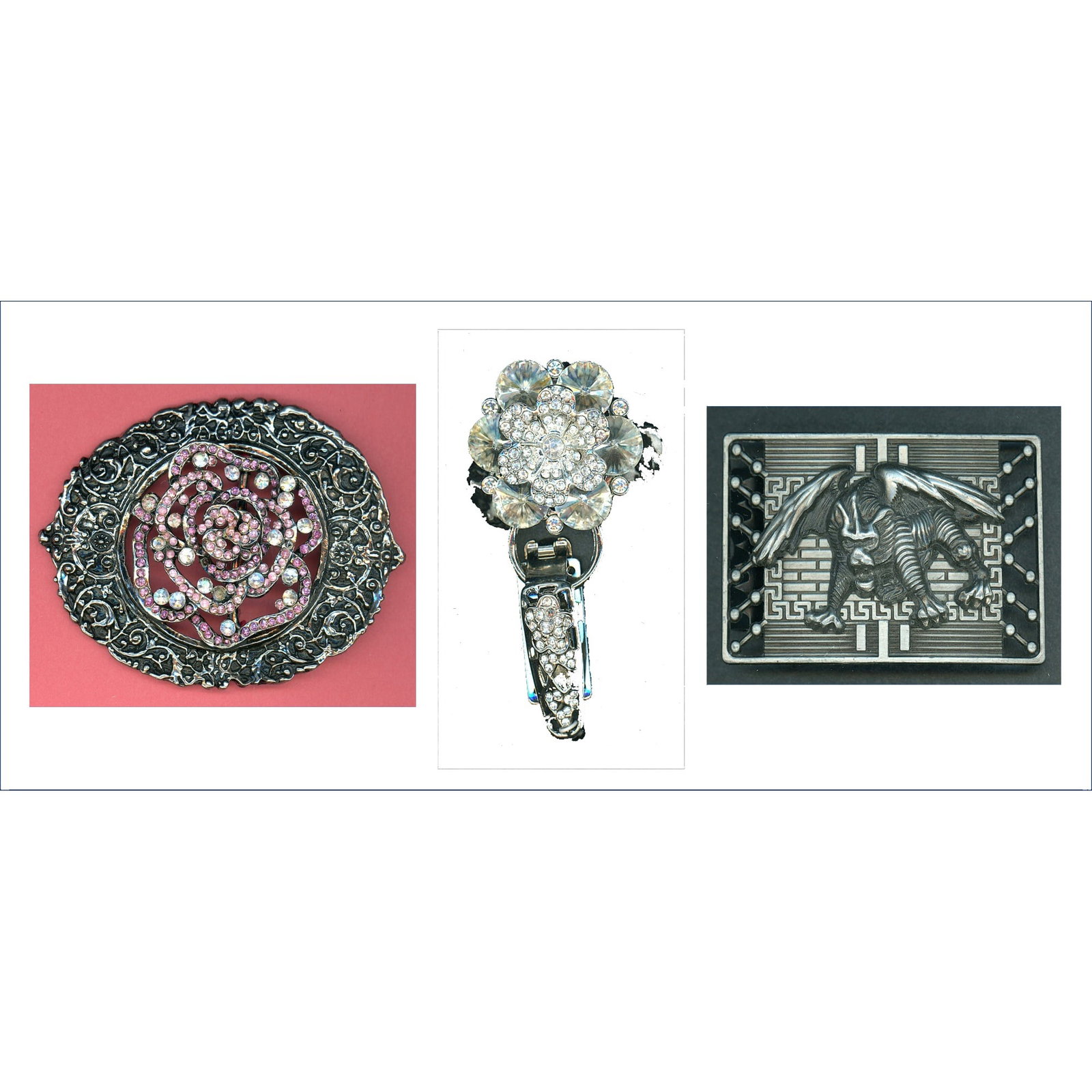 1 CARD OF ASSORTED METAL BUCKLES: 3 one and two piece assorted examples including pictorial. Here is a juice small group including paste jewel embellished examples and a cool fabulous creature pictorial example. Dimensions: SM=Less th