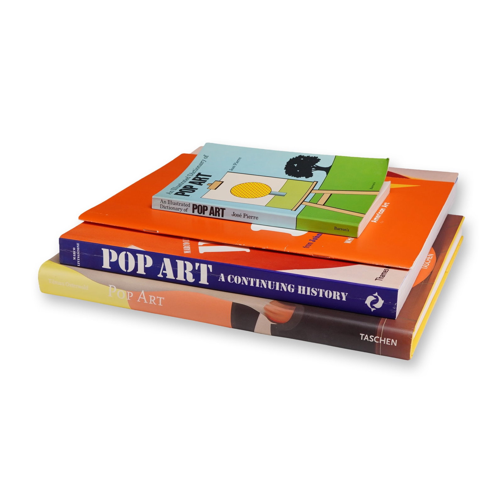 Four Pop Art Hardcover and Softcover Books, Various Publishers: A collection of four books focused on the history, artists, and exhibition of the Pop Art movement. The lot of 4 Pop Art books comprises various formats including hardcovers and softcovers. The first