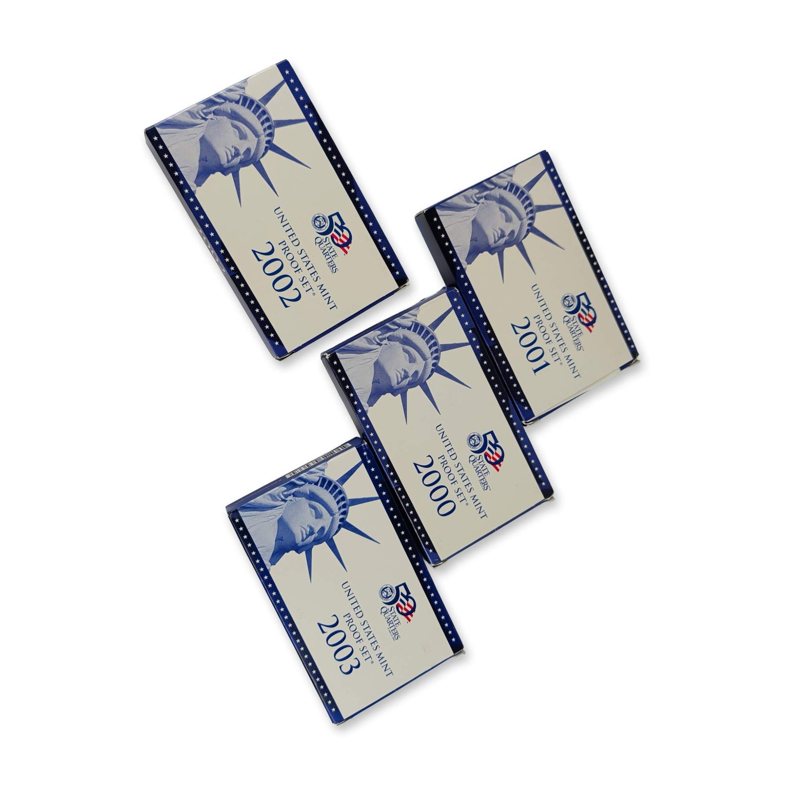 4pc US Mint 2000-2003 Proof Set Collection: US Mint. Collection of four annual proof sets dating from 2000, 2001, 2002, and 2003. Each set contains ten coins, including five 50 State Quarters and five standard circulating denominations: Lincoln