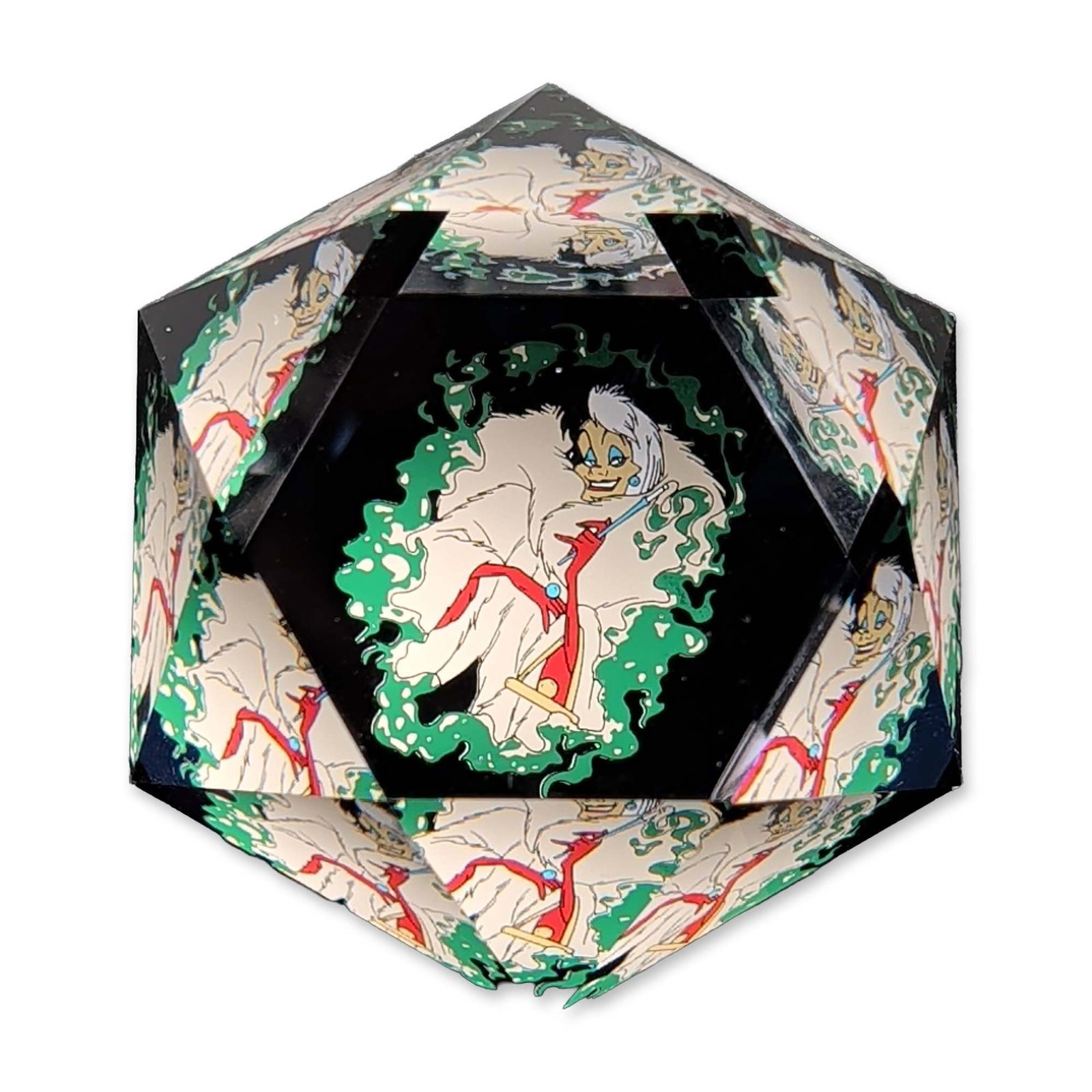 D. Swarovski Arribas Brothers Disney Cruella de Vil Crystal Paperweight: D. Swarovski & Co. for Arribas Brothers faceted limited edition, 511 of 750, crystal paperweight featuring a central color illustration of the Disney character Cruella de Vil. The illustration depicts