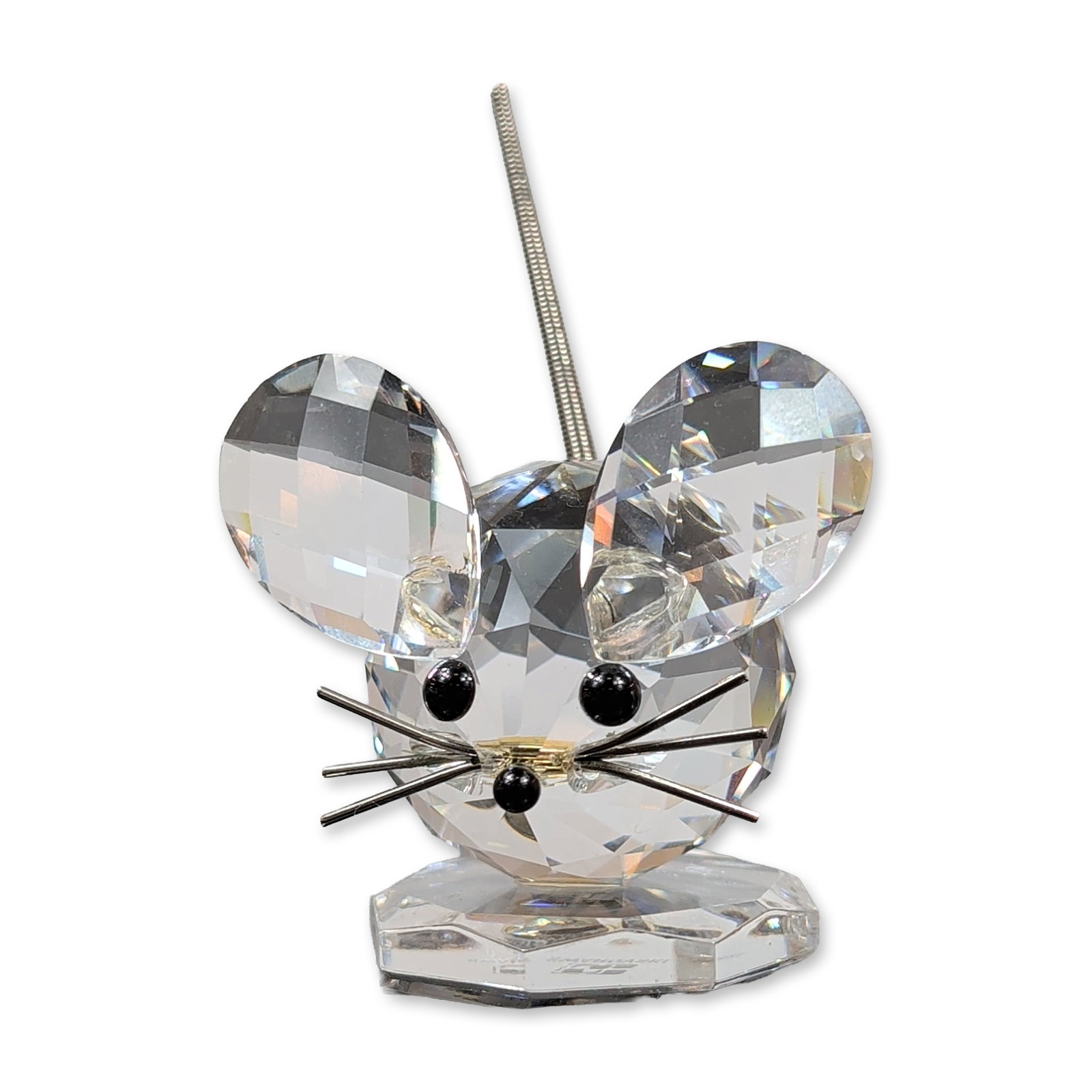Swarovski Silver Crystal Mouse Figurine: Swarovski Silver Crystal mouse figurine, featuring a faceted lead crystal body and ears. The figure includes three black bead accents for the eyes and nose, silver-tone metal whiskers, and a flexible 