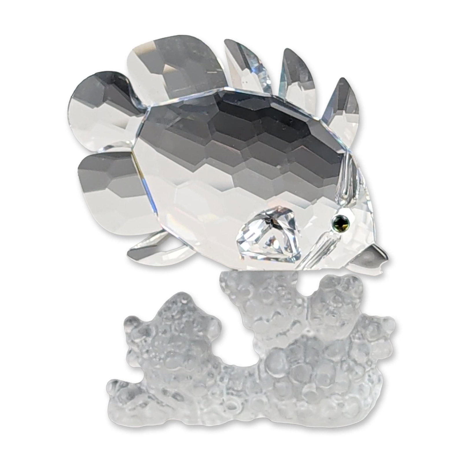 Swarovski Crystal Butterfly Fish on Coral Figurine: Swarovski Silver Crystal figurine titled Butterfly Fish on Coral Reef, featuring a faceted clear crystal fish body with frosted fins and tail, set upon a frosted crystal base modeled as a coral format